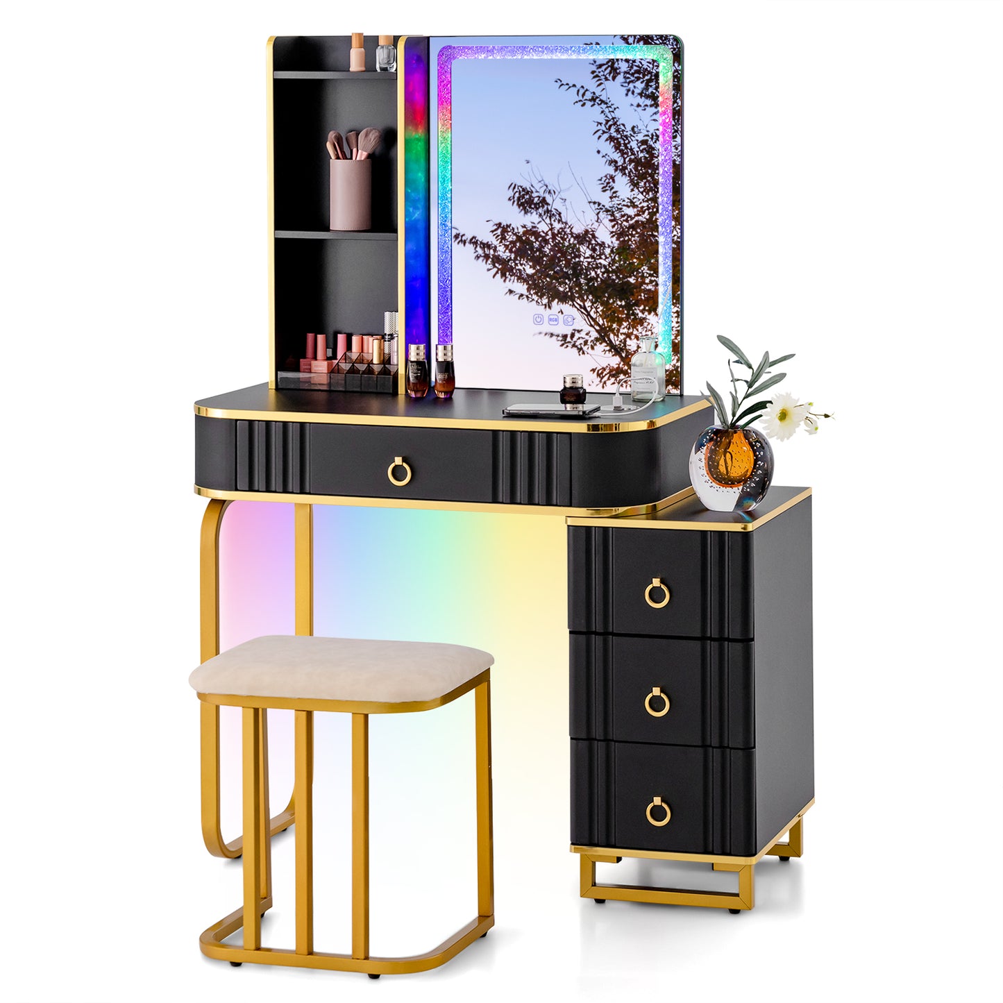 Vanity Table Set with RGB LED Mirror, Wireless Charging, Storage Drawers and Stool – Black