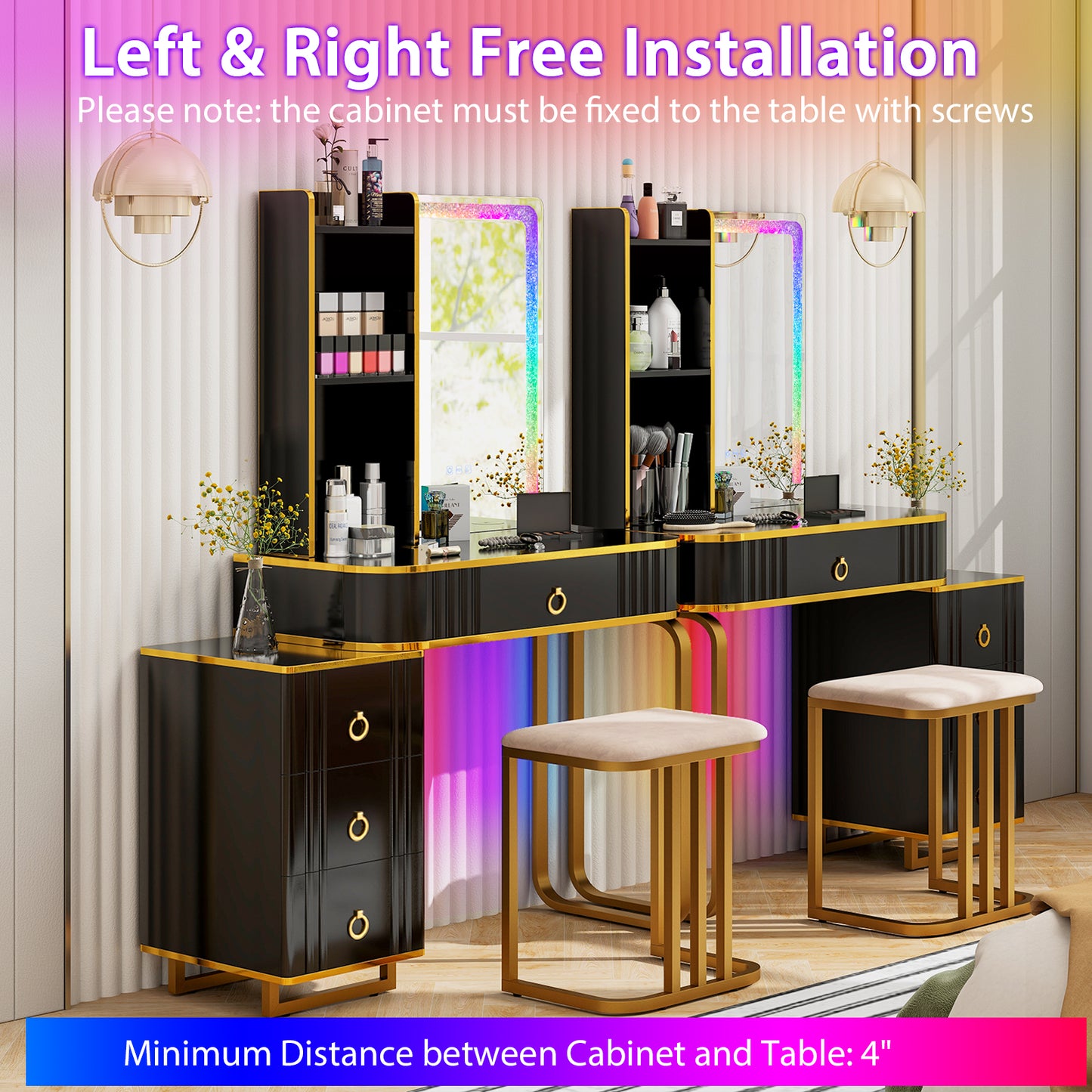 Vanity Table Set with RGB LED Mirror, Wireless Charging, Storage Drawers and Stool – Black