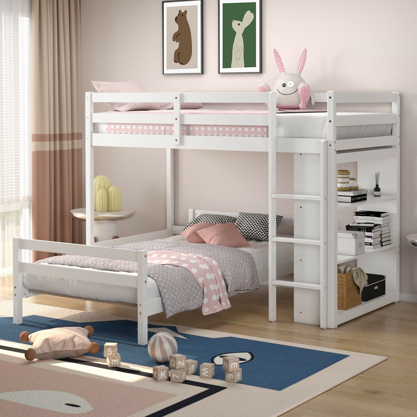 Space-Saving Twin Loft Bunk Bed with Bookcase and Guardrail - White