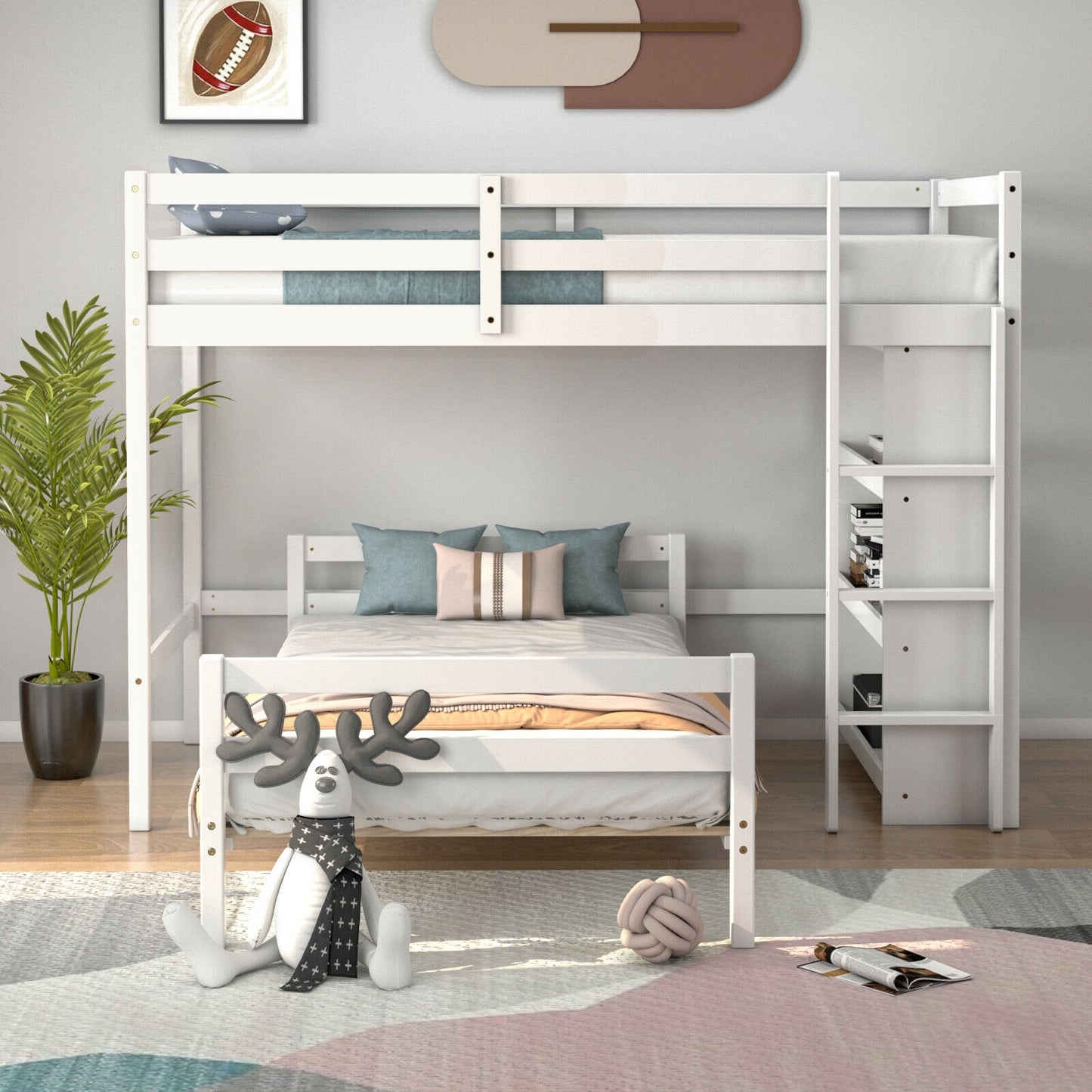 Space-Saving Twin Loft Bunk Bed with Bookcase and Guardrail - White