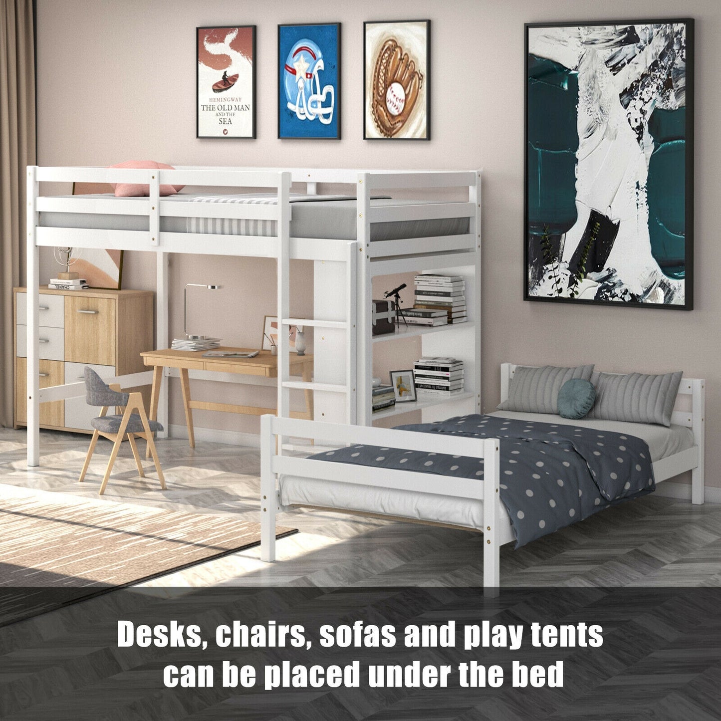 Space-Saving Twin Loft Bunk Bed with Bookcase and Guardrail - White