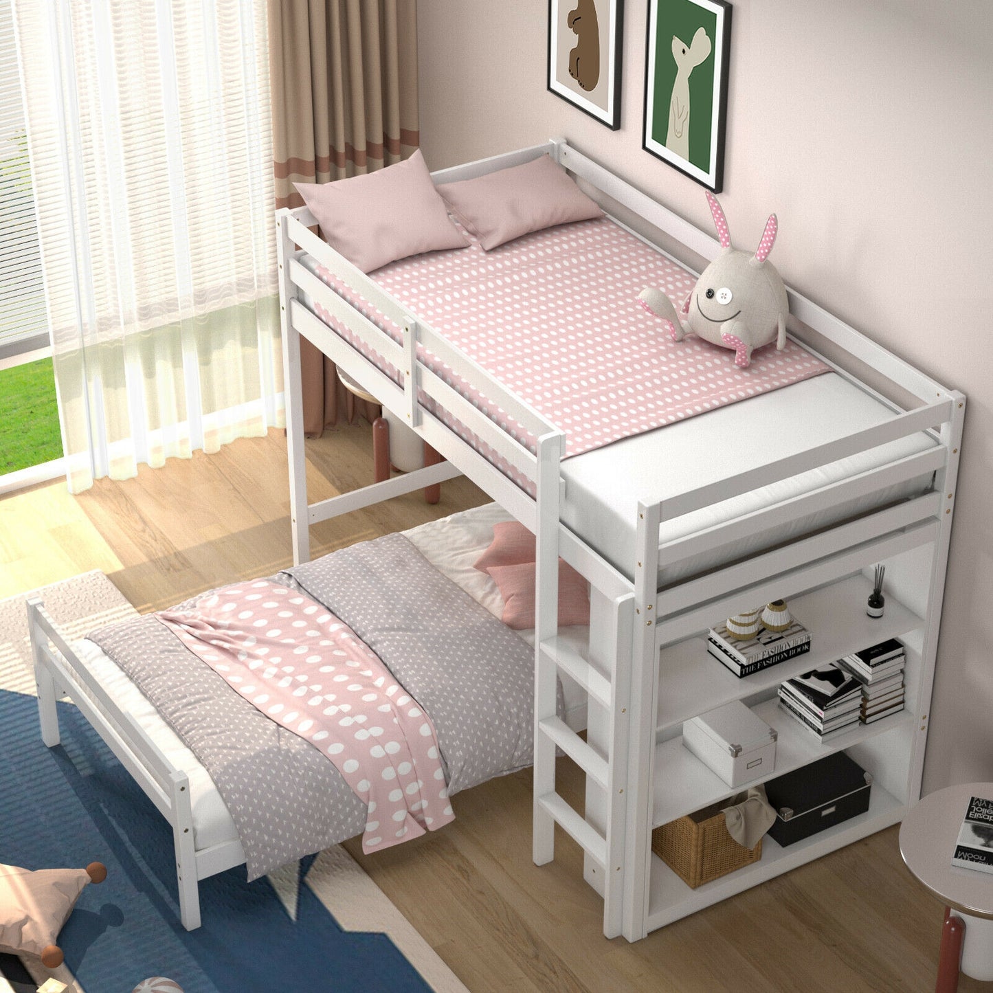 Space-Saving Twin Loft Bunk Bed with Bookcase and Guardrail - White