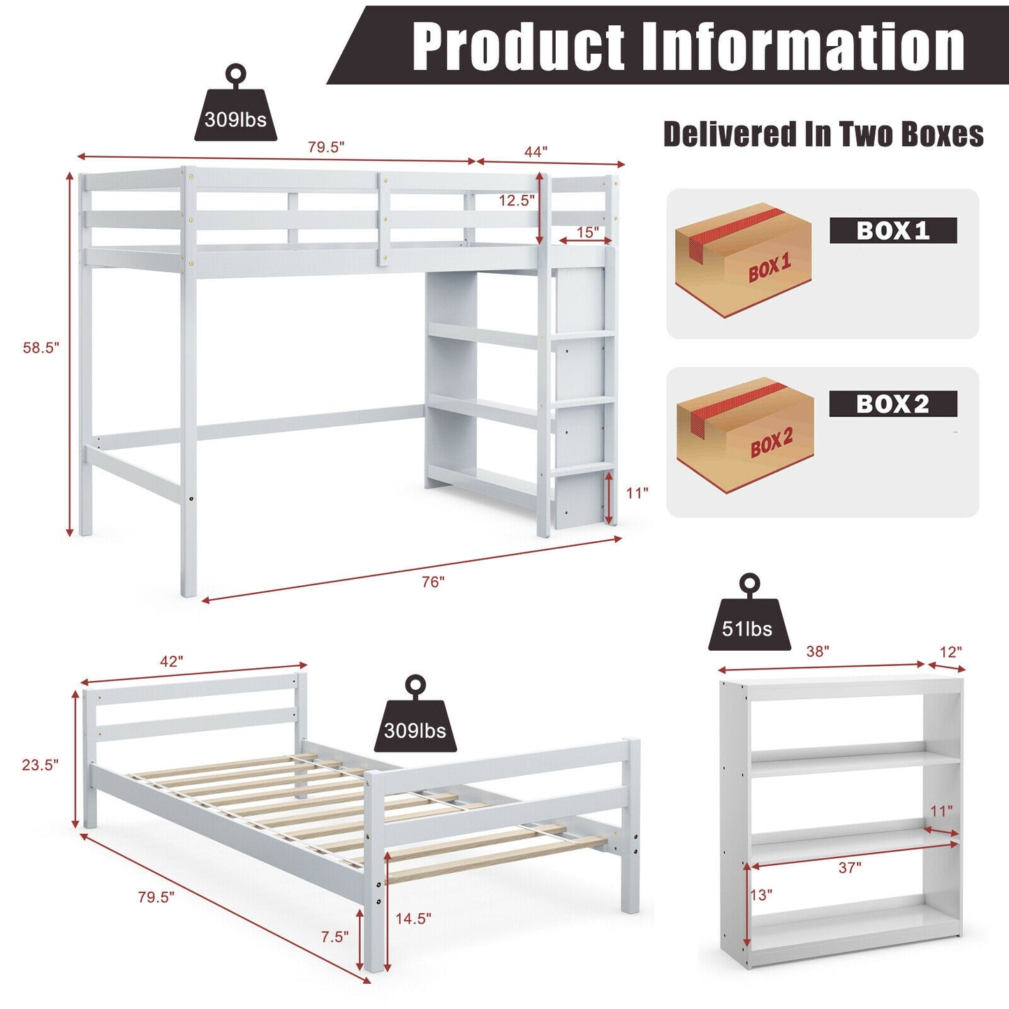 Space-Saving Twin Loft Bunk Bed with Bookcase and Guardrail - White