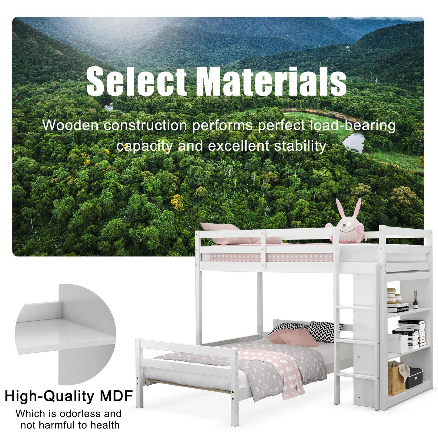 Space-Saving Twin Loft Bunk Bed with Bookcase and Guardrail - White