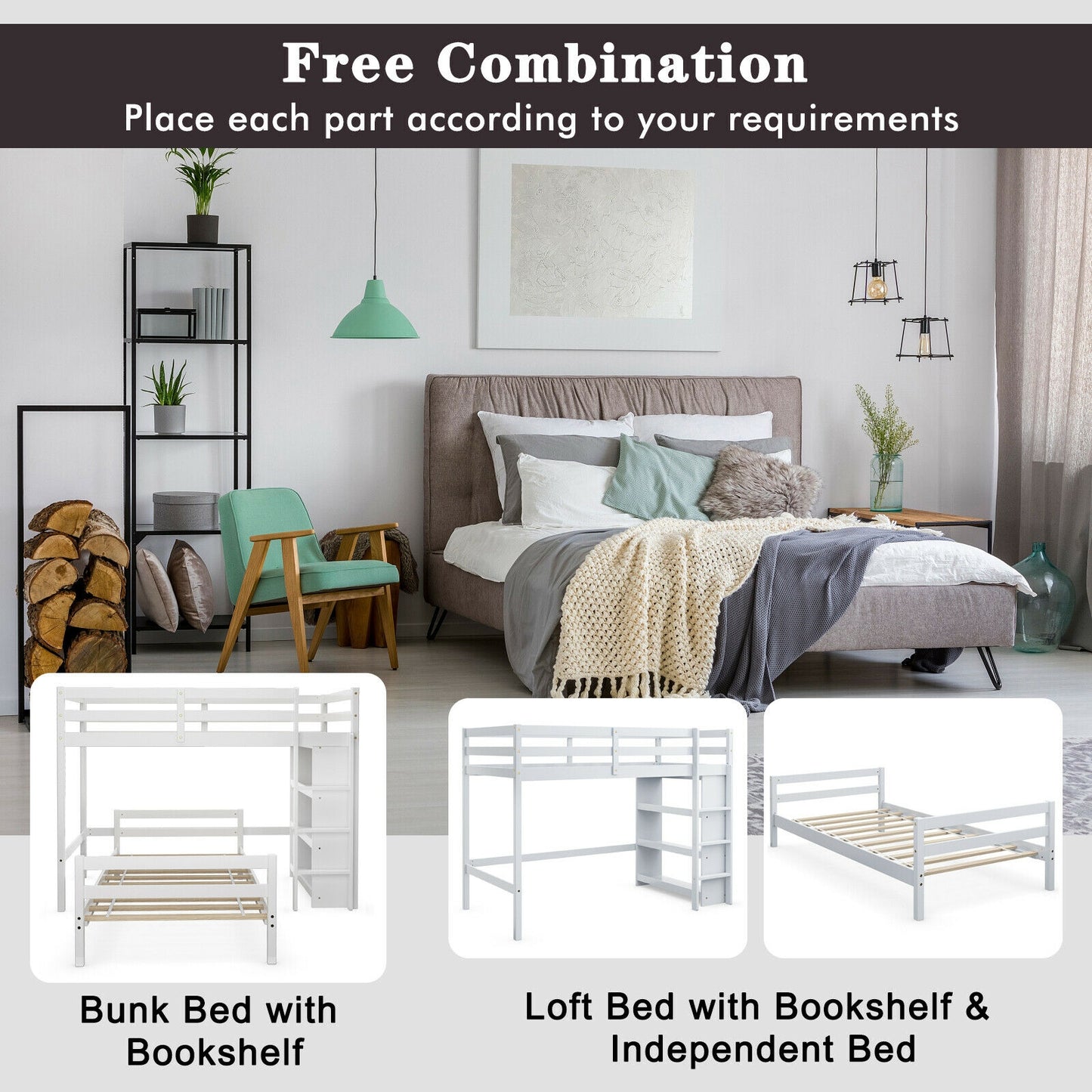 Space-Saving Twin Loft Bunk Bed with Bookcase and Guardrail - White
