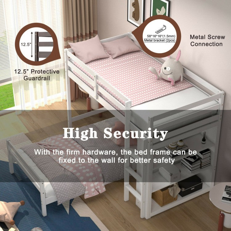 Space-Saving Twin Loft Bunk Bed with Bookcase and Guardrail - White