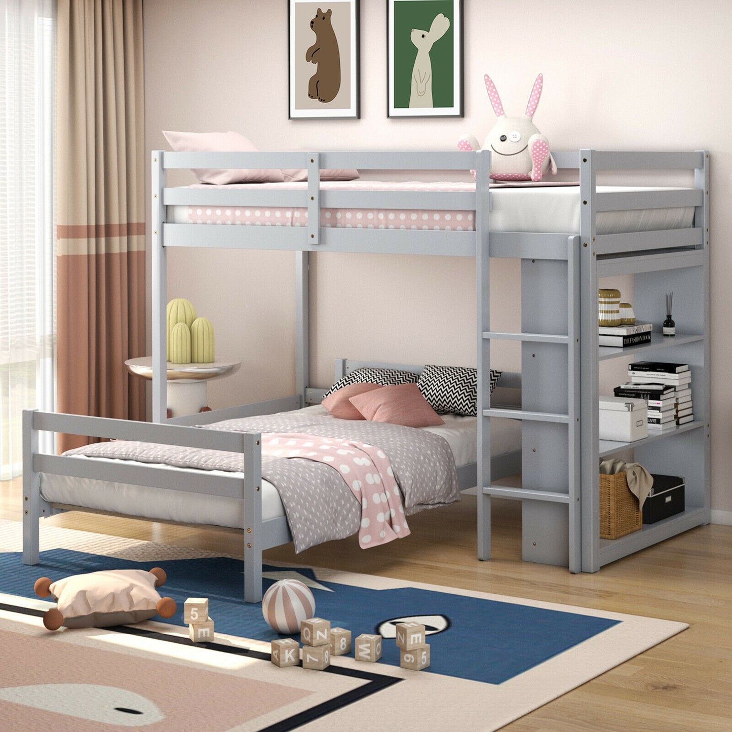 Space-Saving Twin Loft Bunk Bed with Bookcase and Guardrail - Grey