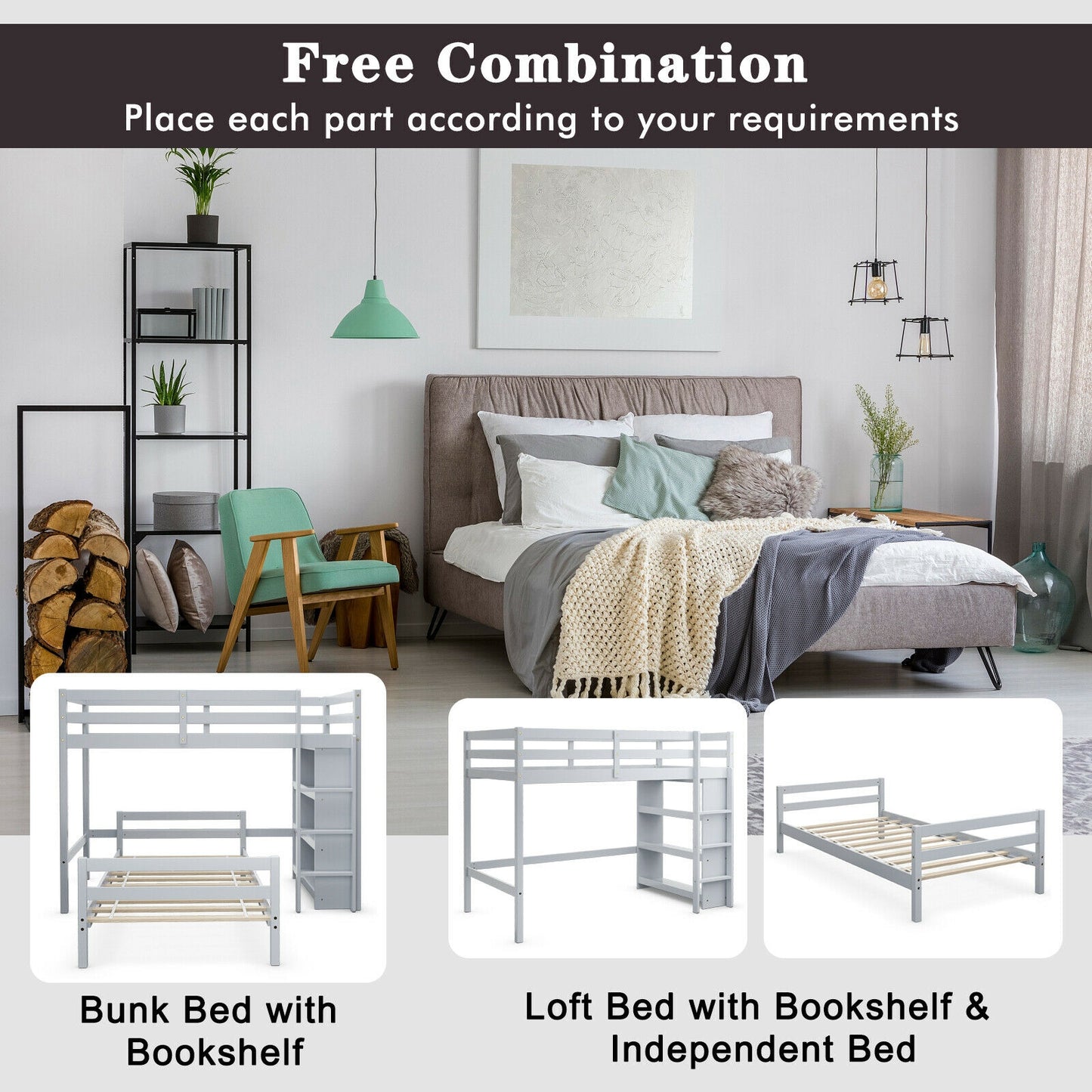Space-Saving Twin Loft Bunk Bed with Bookcase and Guardrail - Grey