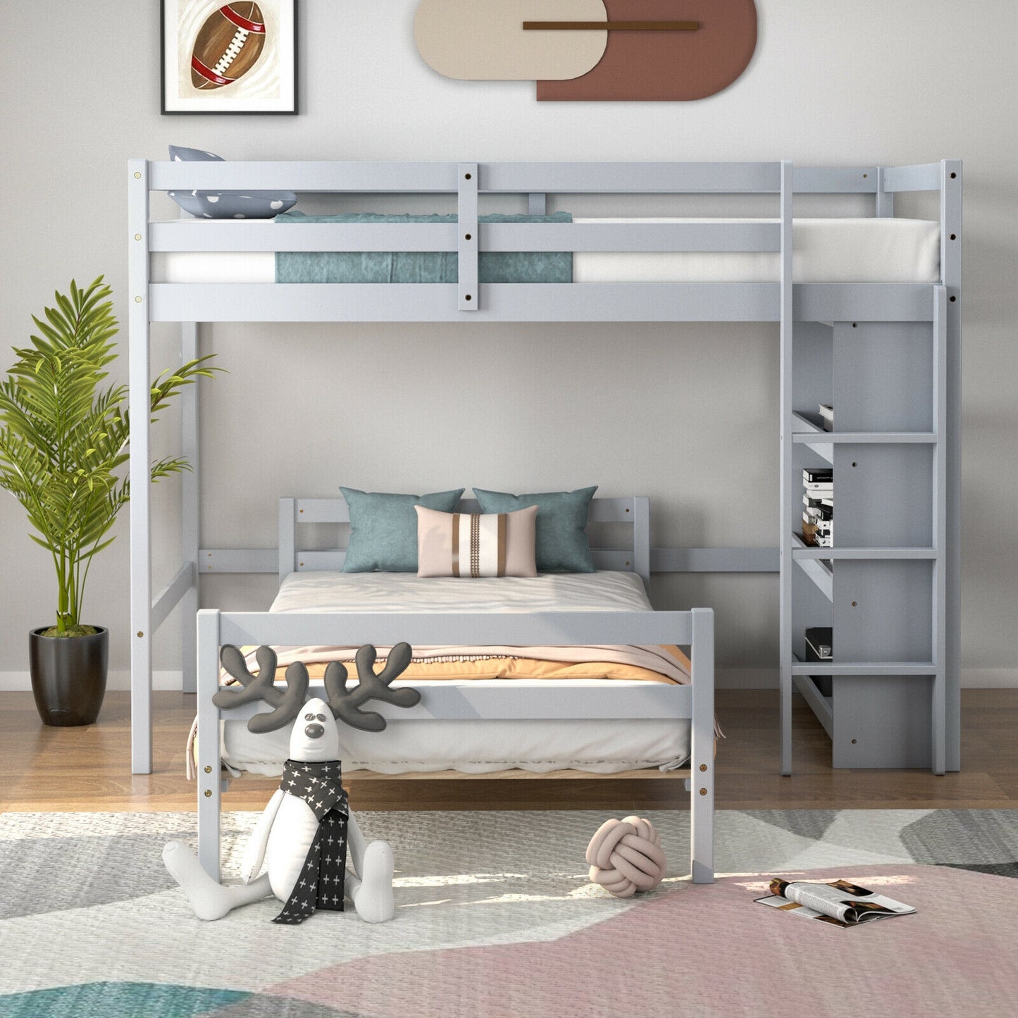 Space-Saving Twin Loft Bunk Bed with Bookcase and Guardrail - Grey