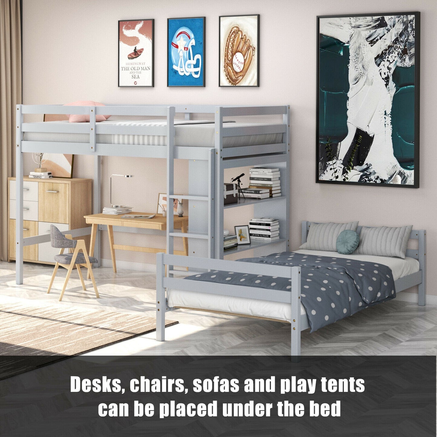 Space-Saving Twin Loft Bunk Bed with Bookcase and Guardrail - Grey