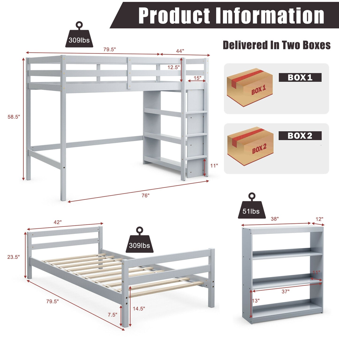 Space-Saving Twin Loft Bunk Bed with Bookcase and Guardrail - Grey