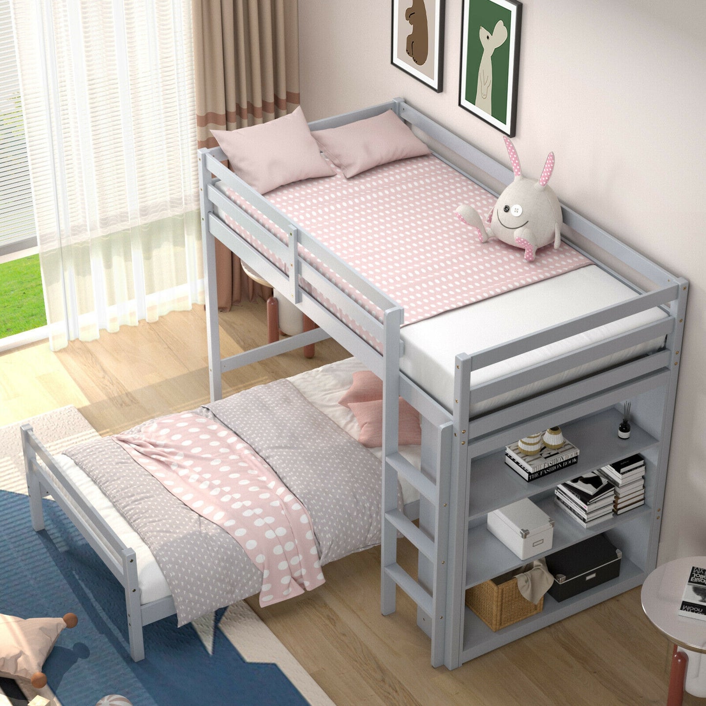 Space-Saving Twin Loft Bunk Bed with Bookcase and Guardrail - Grey
