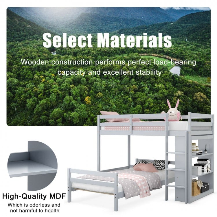 Space-Saving Twin Loft Bunk Bed with Bookcase and Guardrail - Grey