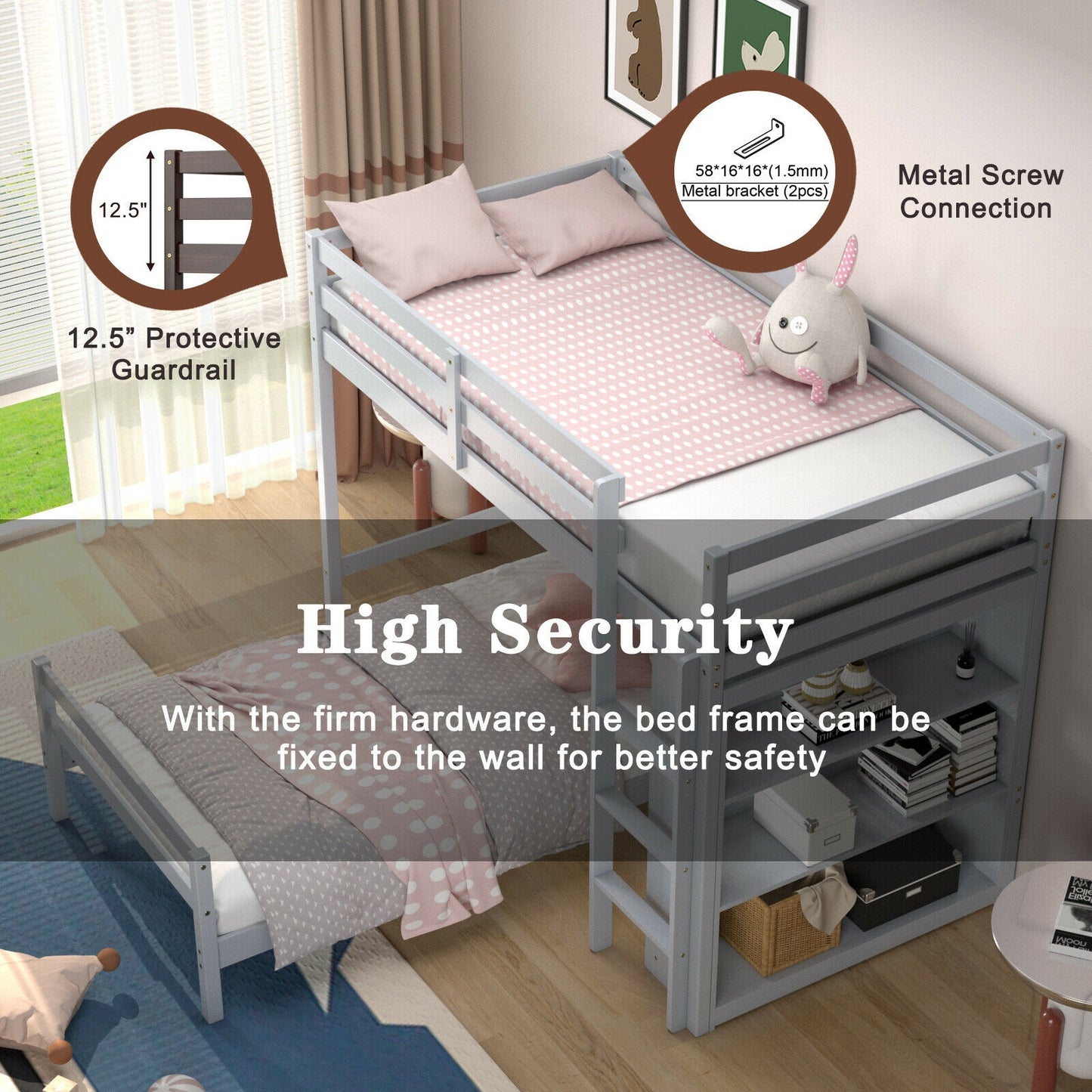 Space-Saving Twin Loft Bunk Bed with Bookcase and Guardrail - Grey