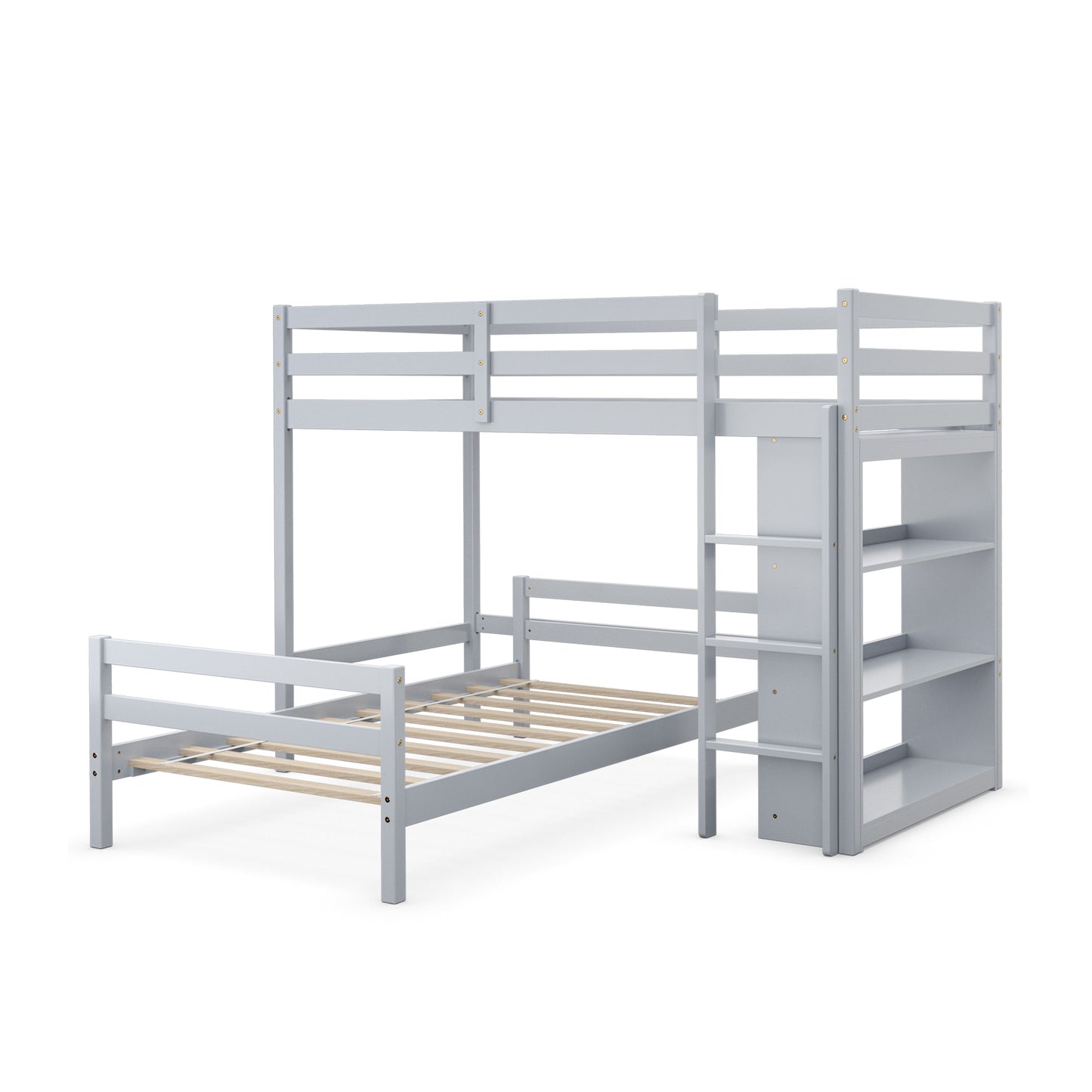 Space-Saving Twin Loft Bunk Bed with Bookcase and Guardrail - Grey