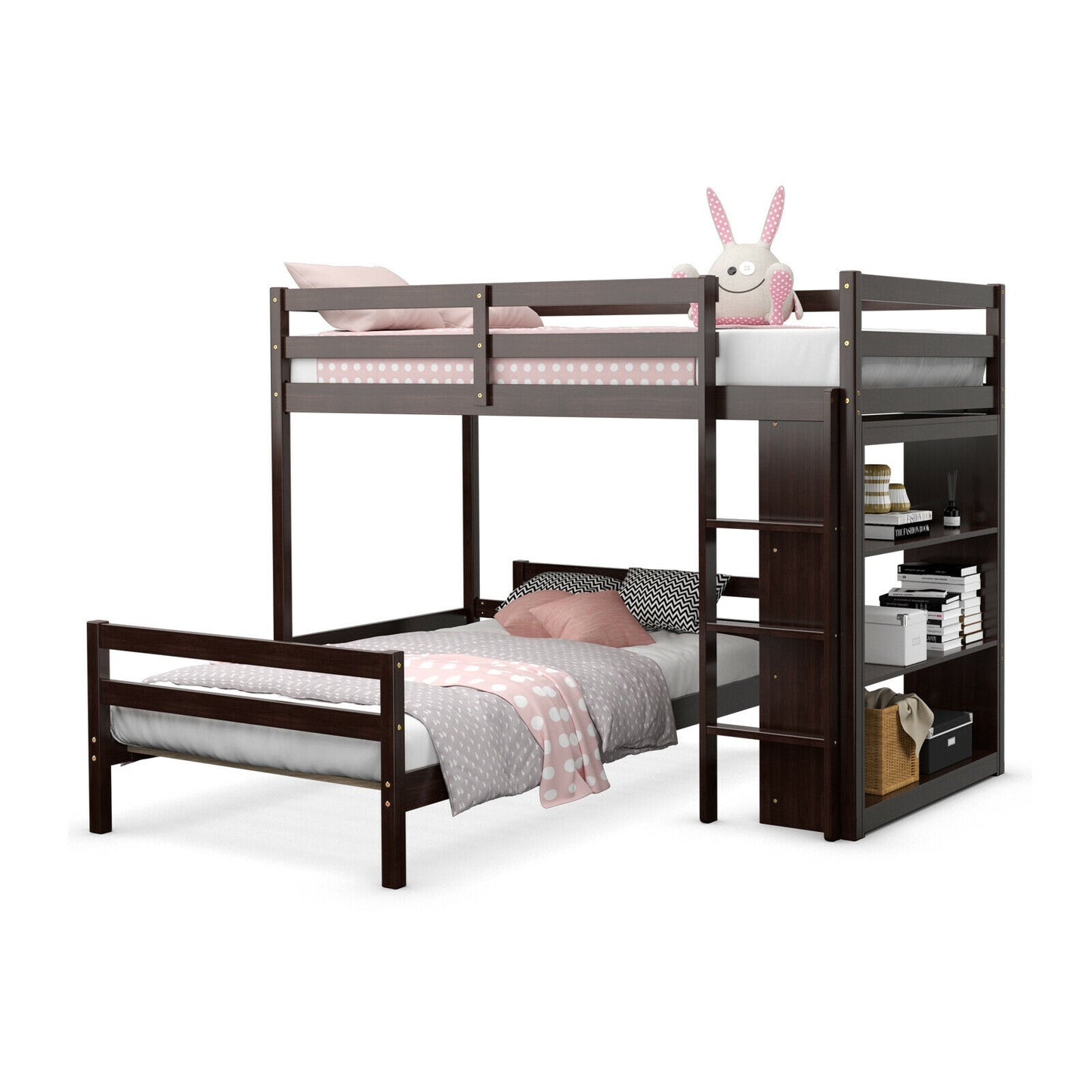 Space-Saving Twin Loft Bunk Bed with Bookcase and Guardrail - Dark Brown