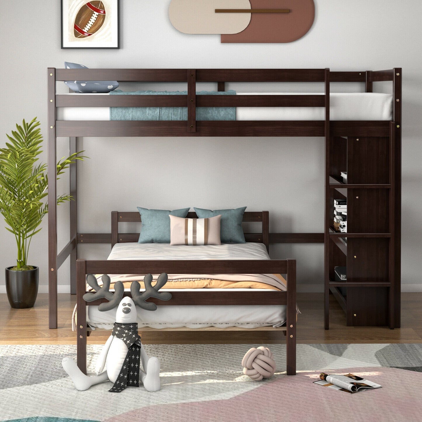 Space-Saving Twin Loft Bunk Bed with Bookcase and Guardrail - Dark Brown