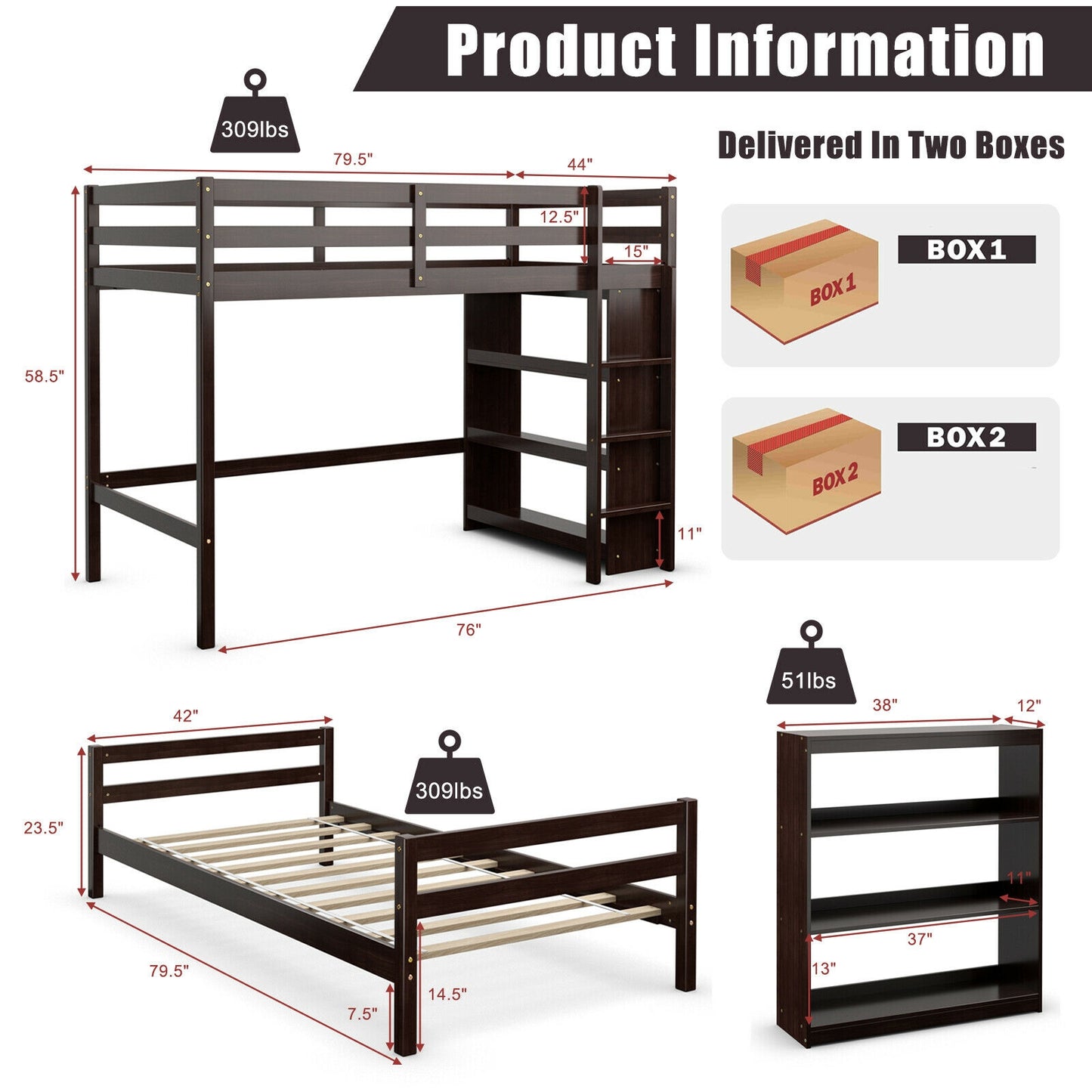 Space-Saving Twin Loft Bunk Bed with Bookcase and Guardrail - Dark Brown