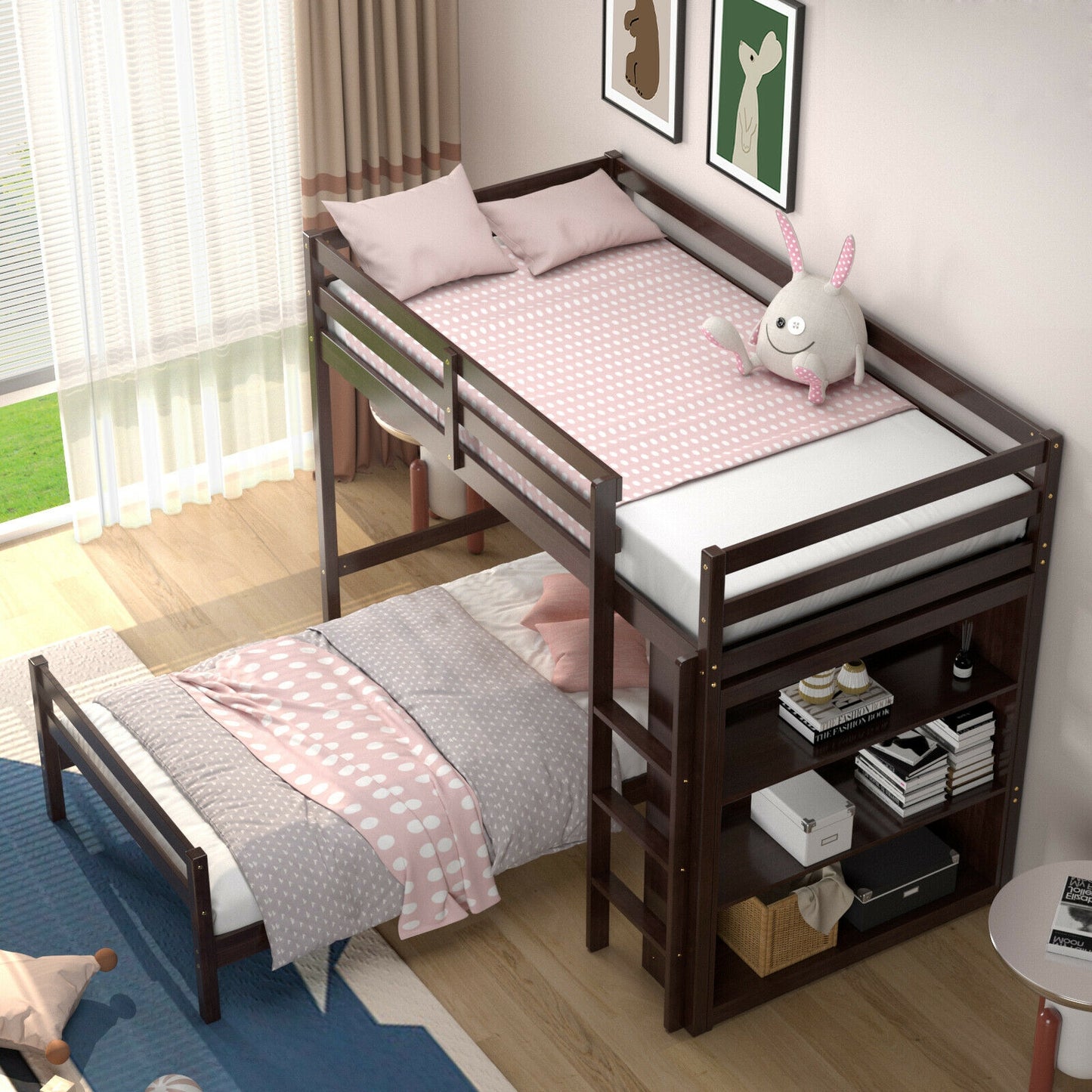 Space-Saving Twin Loft Bunk Bed with Bookcase and Guardrail - Dark Brown