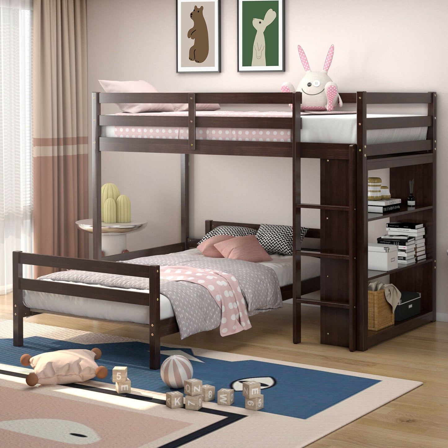 Space-Saving Twin Loft Bunk Bed with Bookcase and Guardrail - Dark Brown