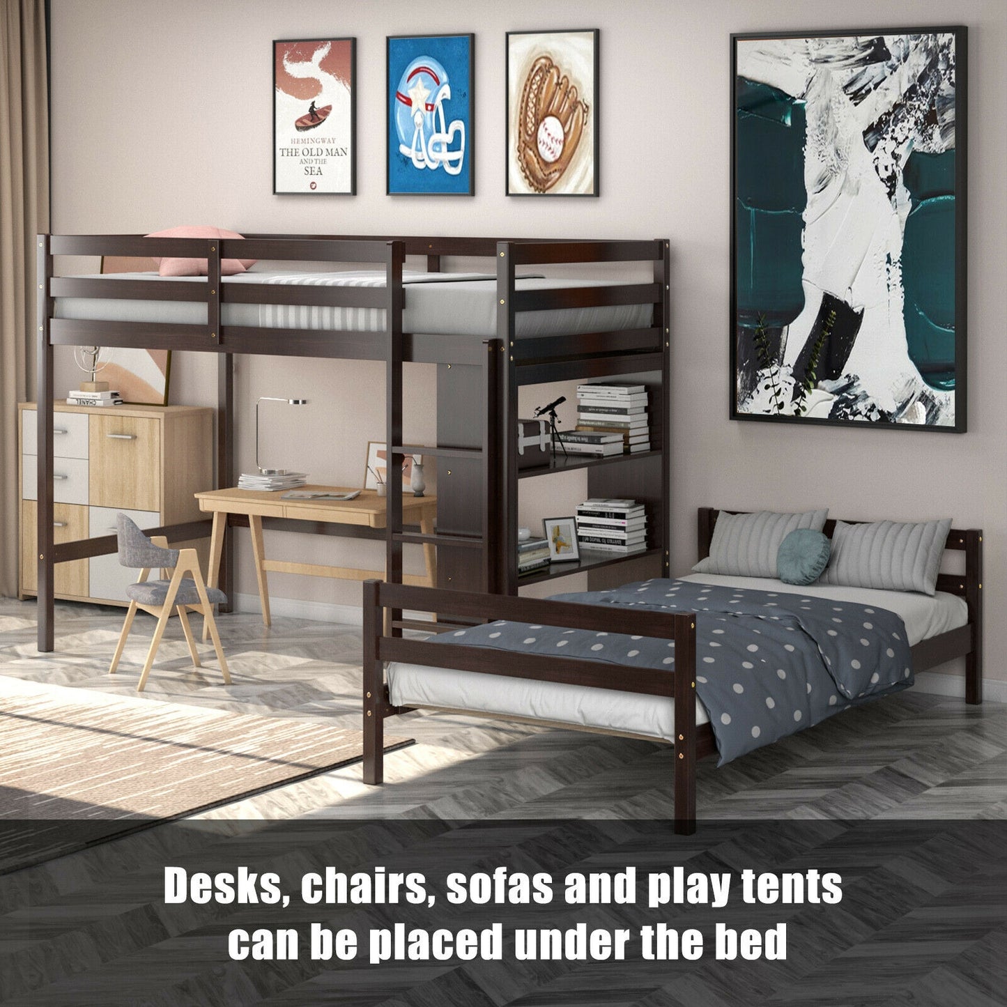 Space-Saving Twin Loft Bunk Bed with Bookcase and Guardrail - Dark Brown