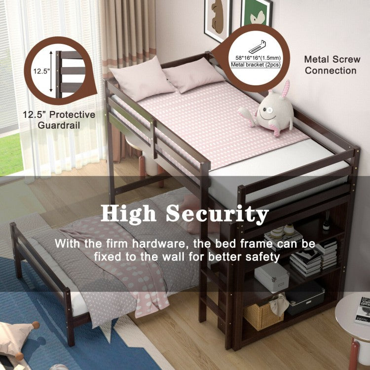 Space-Saving Twin Loft Bunk Bed with Bookcase and Guardrail - Dark Brown