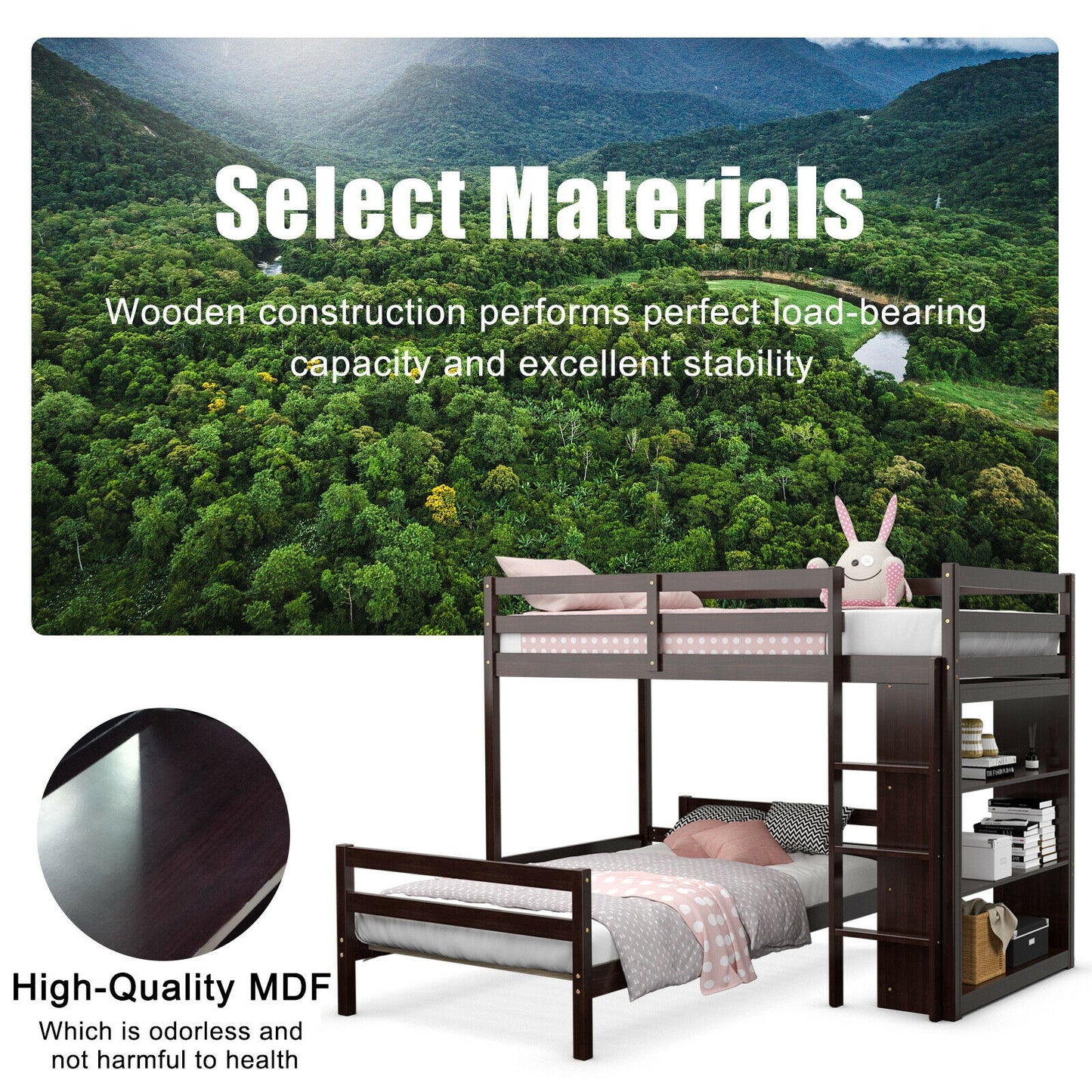 Space-Saving Twin Loft Bunk Bed with Bookcase and Guardrail - Dark Brown