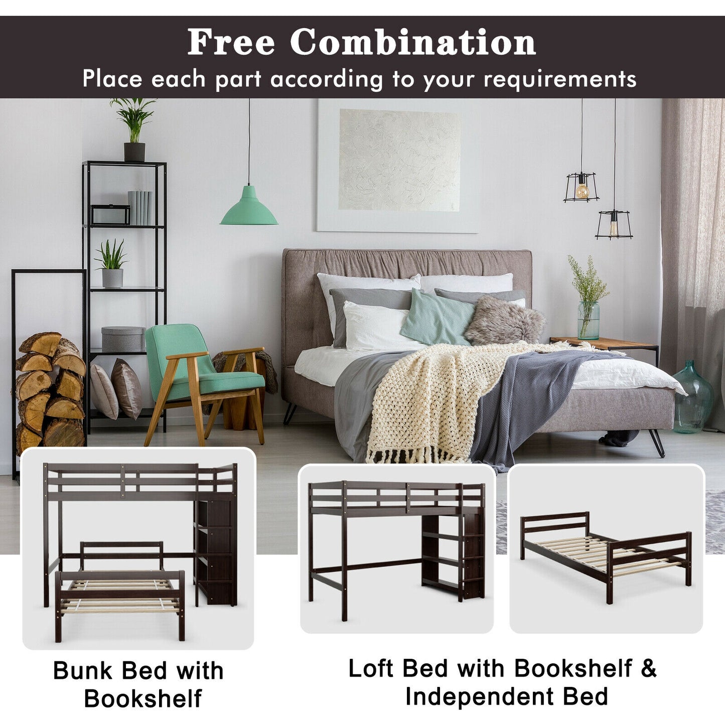 Space-Saving Twin Loft Bunk Bed with Bookcase and Guardrail - Dark Brown
