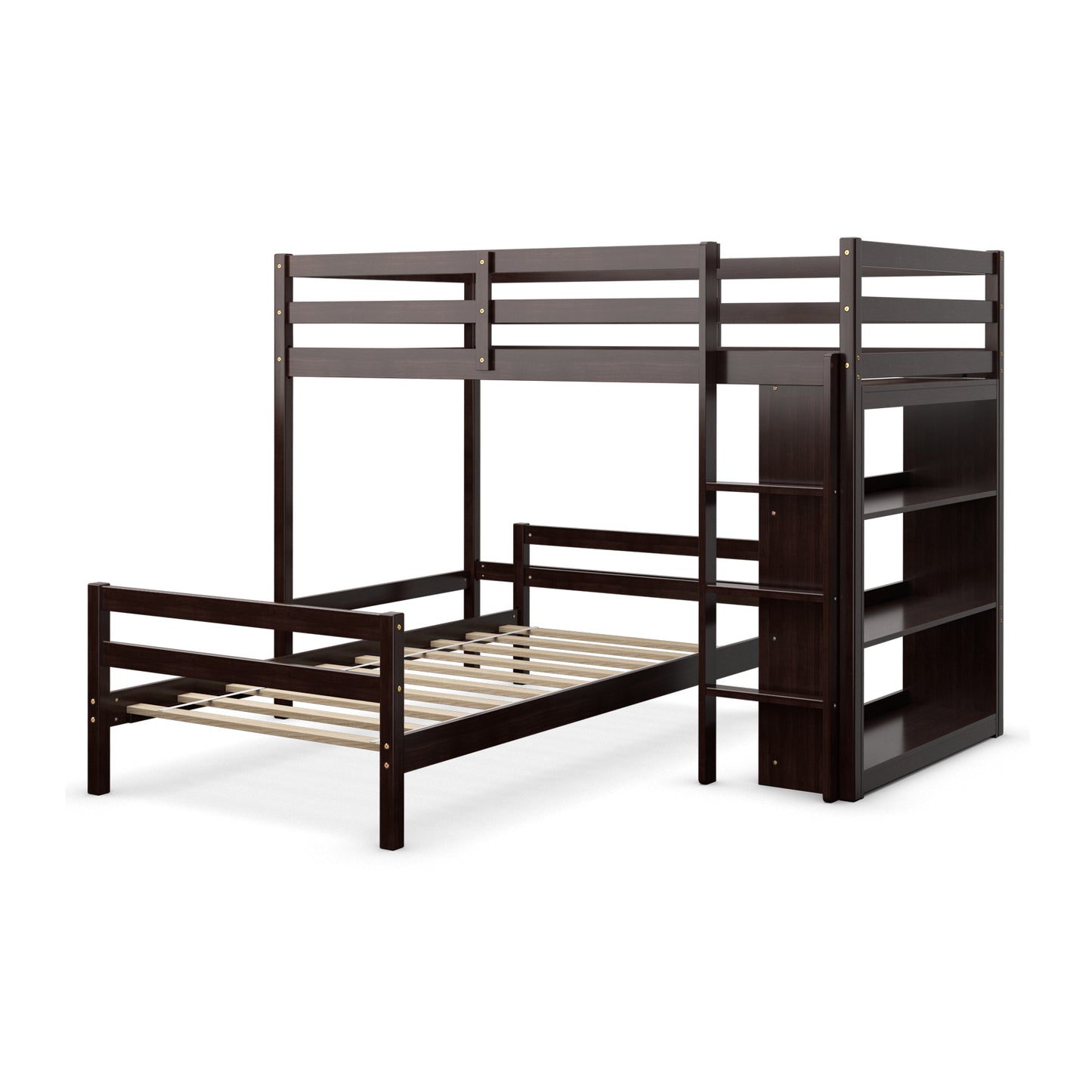 Space-Saving Twin Loft Bunk Bed with Bookcase and Guardrail - Dark Brown