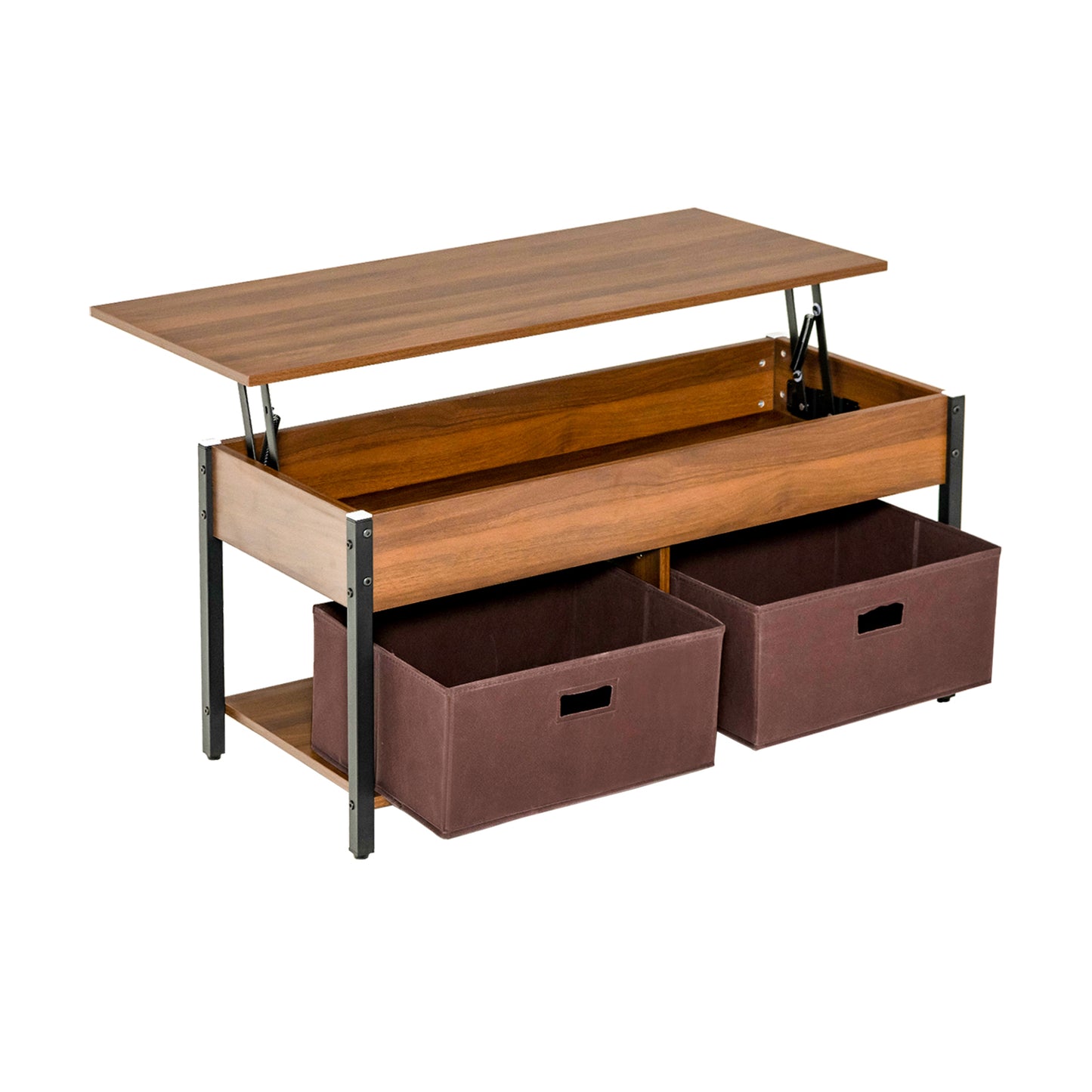 Adjustable Lift Top Coffee Table with Hidden Storage and Fabric Drawers - Brown
