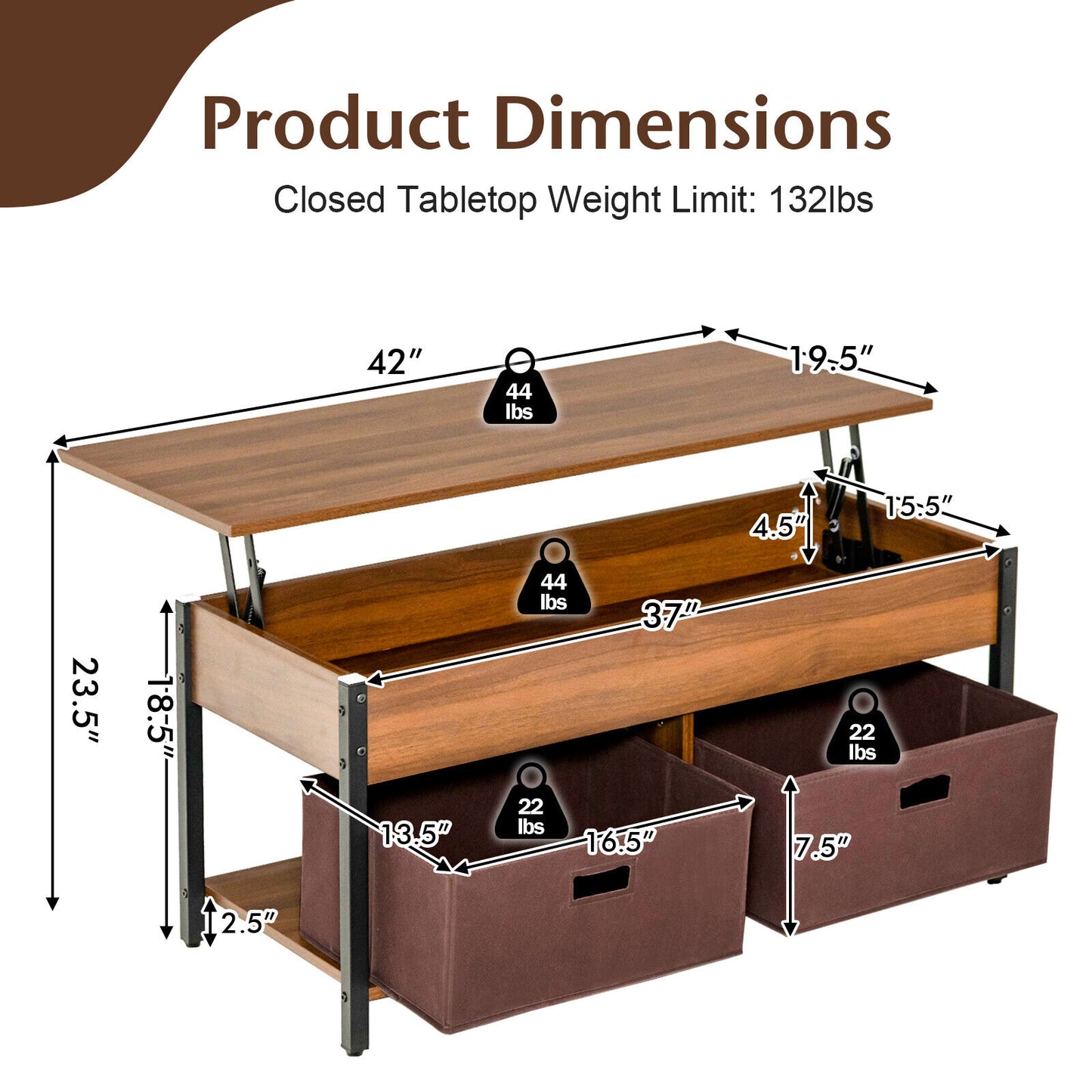 Adjustable Lift Top Coffee Table with Hidden Storage and Fabric Drawers - Brown