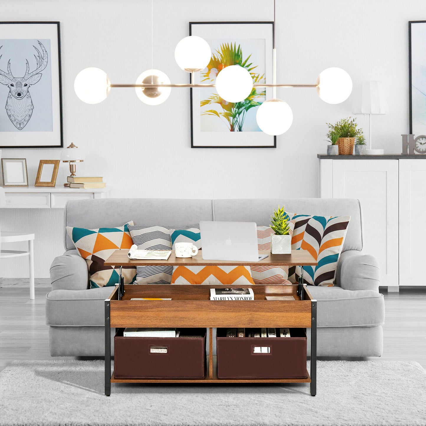 Adjustable Lift Top Coffee Table with Hidden Storage and Fabric Drawers - Brown