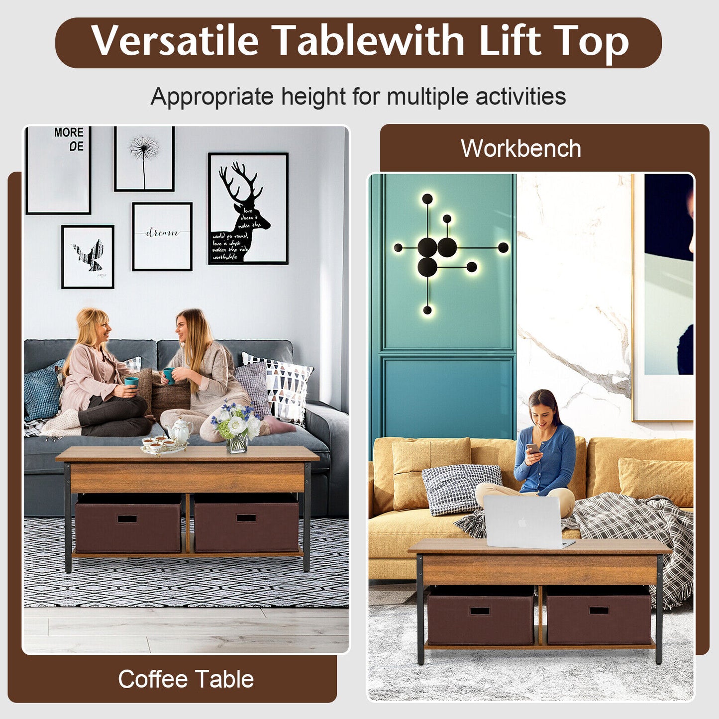 Adjustable Lift Top Coffee Table with Hidden Storage and Fabric Drawers - Brown