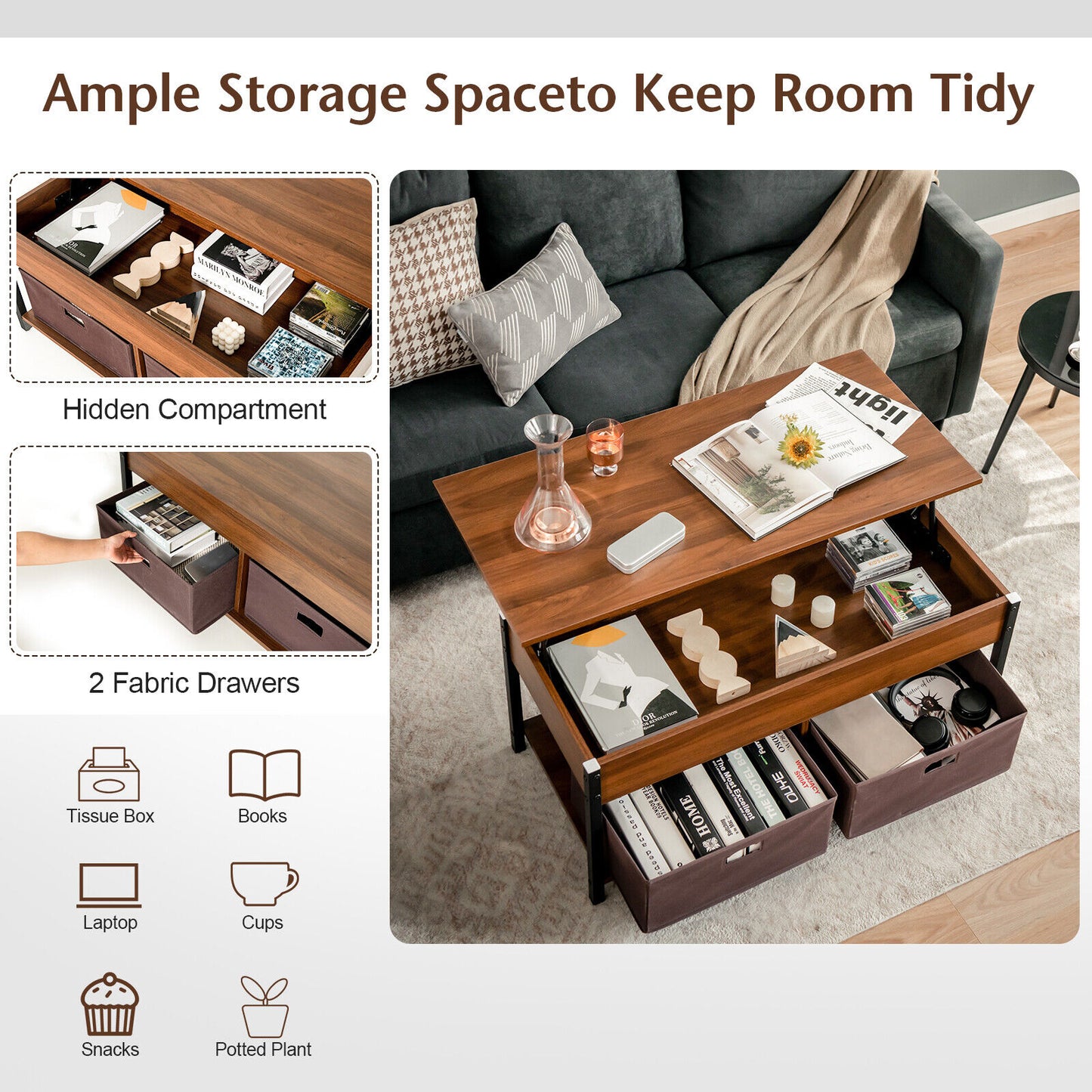 Adjustable Lift Top Coffee Table with Hidden Storage and Fabric Drawers - Brown