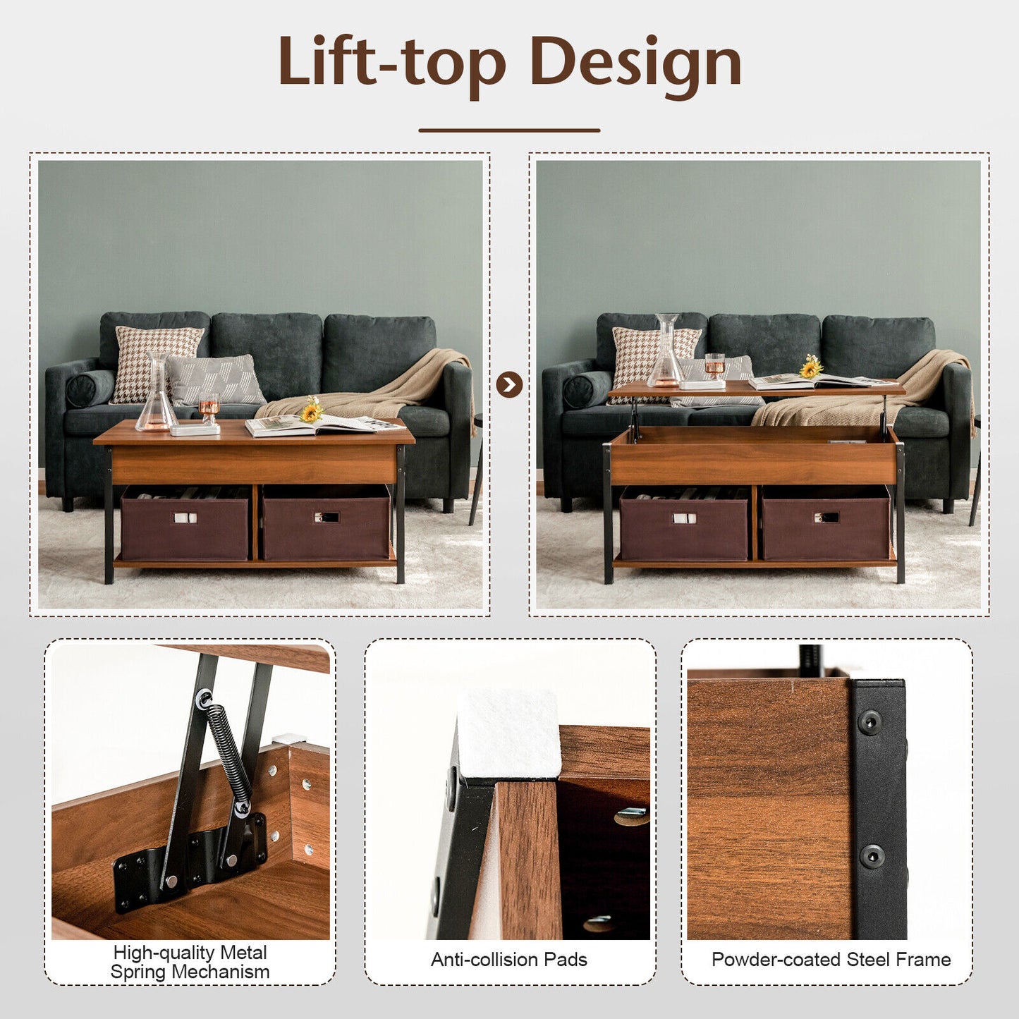 Adjustable Lift Top Coffee Table with Hidden Storage and Fabric Drawers - Brown