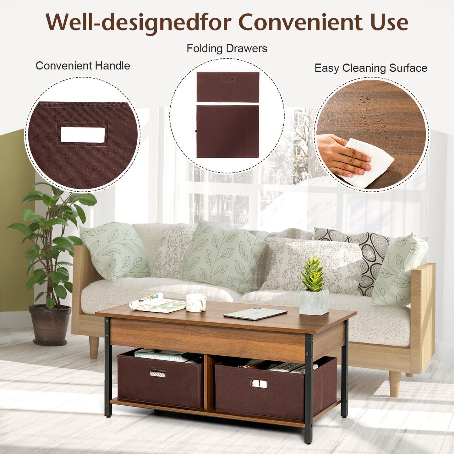 Adjustable Lift Top Coffee Table with Hidden Storage and Fabric Drawers - Brown