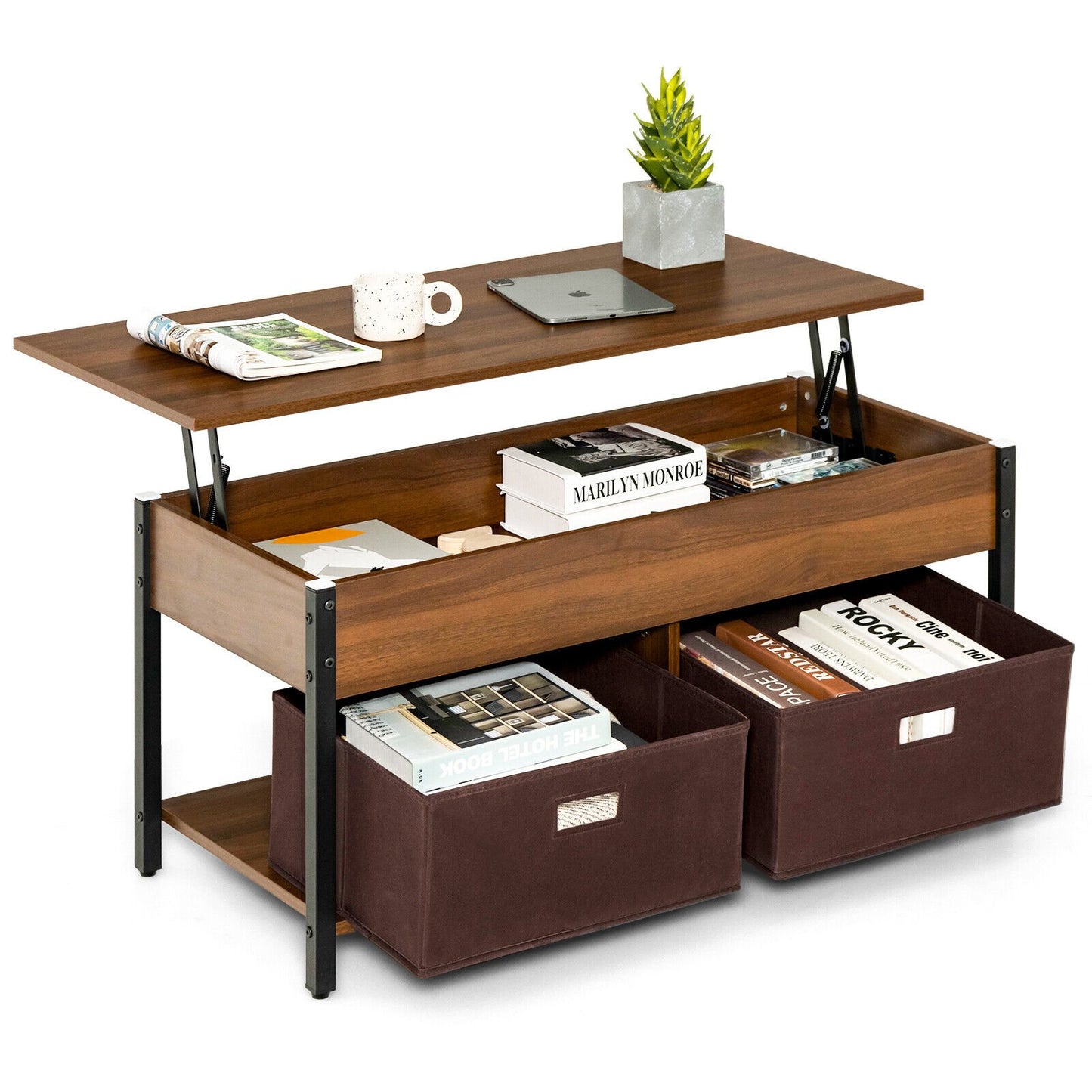 Adjustable Lift Top Coffee Table with Hidden Storage and Fabric Drawers - Brown
