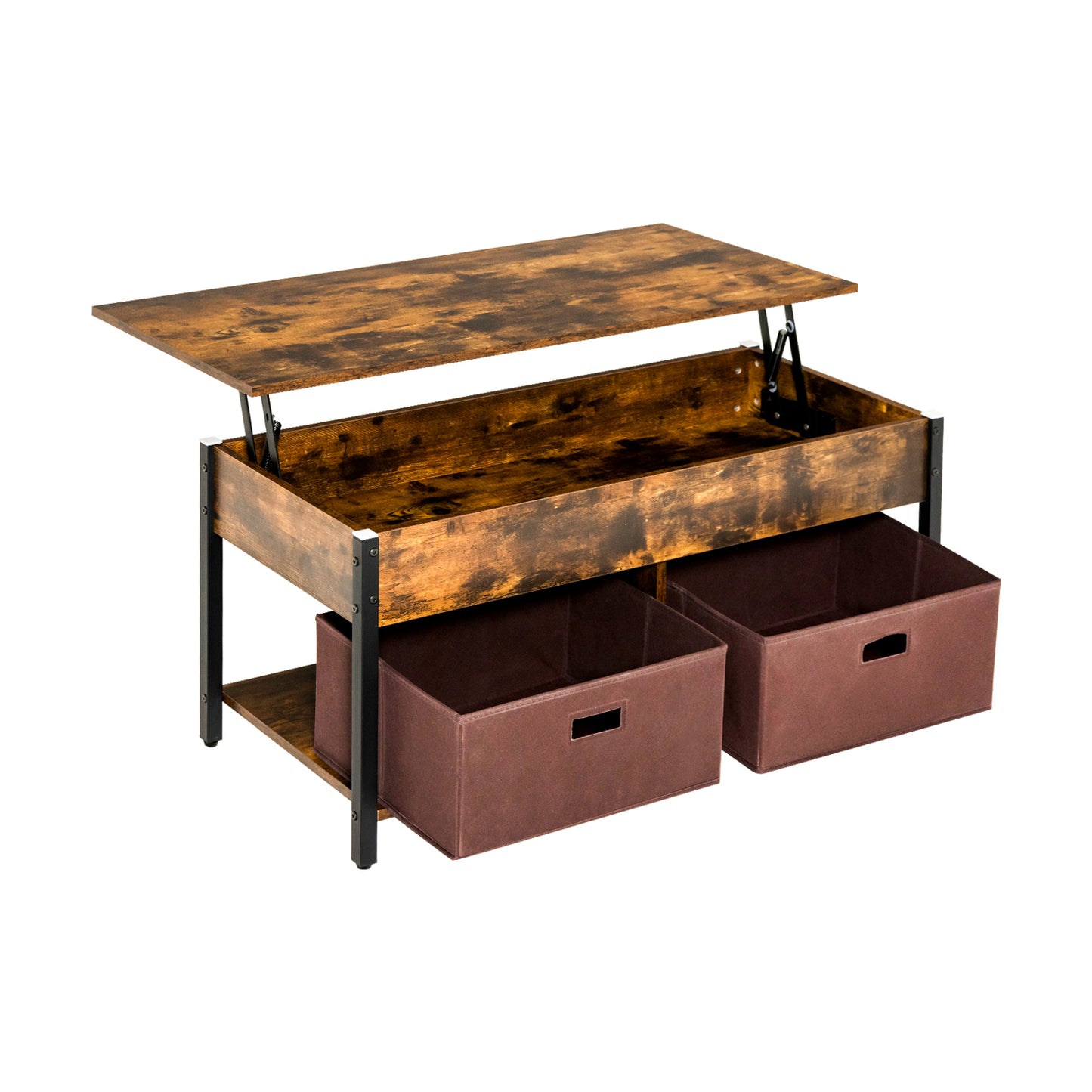 Adjustable Lift Top Coffee Table with Hidden Storage and Fabric Drawers - Rustic Brown