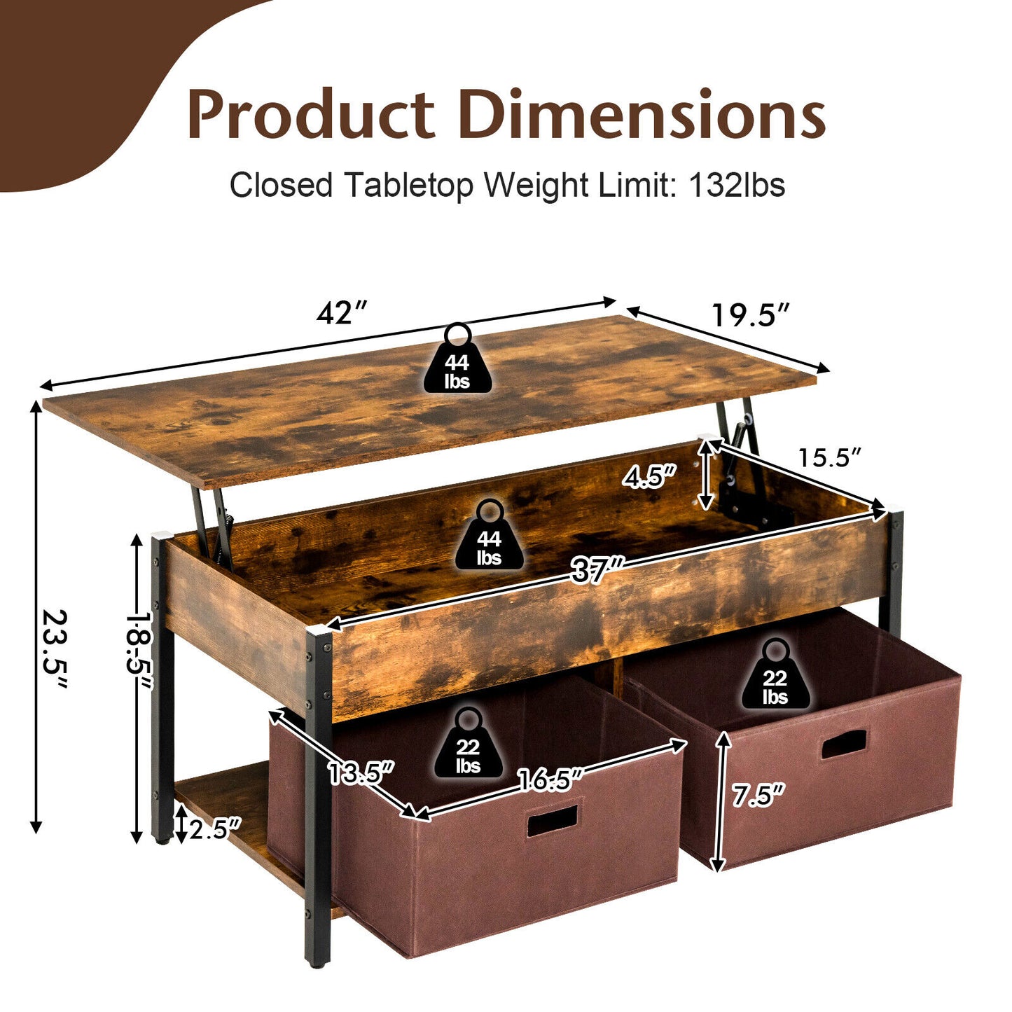 Adjustable Lift Top Coffee Table with Hidden Storage and Fabric Drawers - Rustic Brown