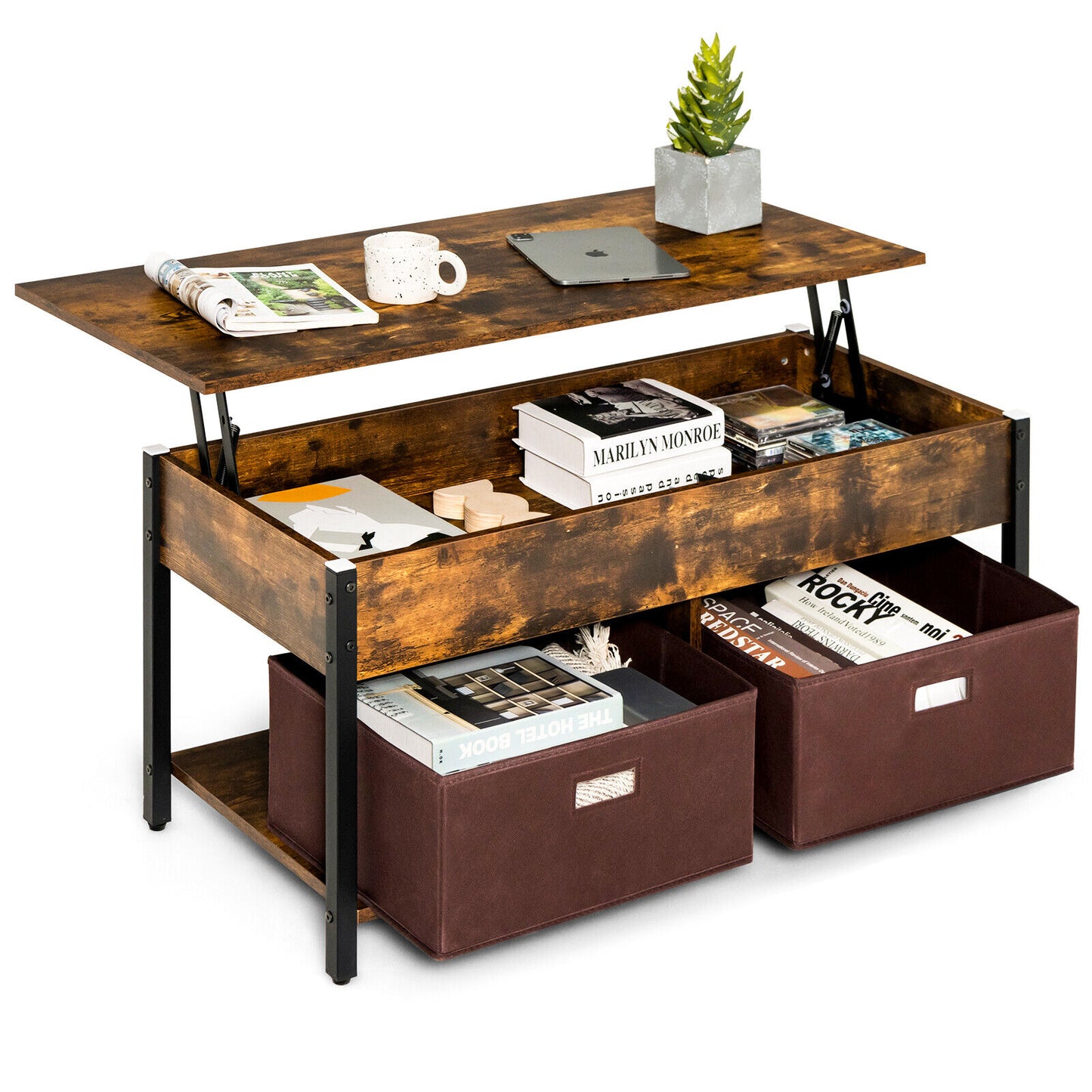 Adjustable Lift Top Coffee Table with Hidden Storage and Fabric Drawers - Rustic Brown
