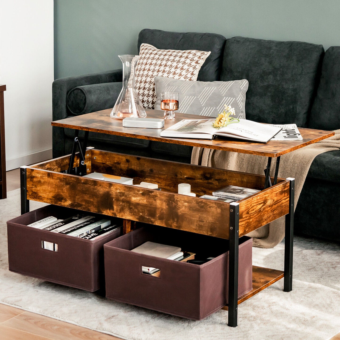 Adjustable Lift Top Coffee Table with Hidden Storage and Fabric Drawers - Rustic Brown
