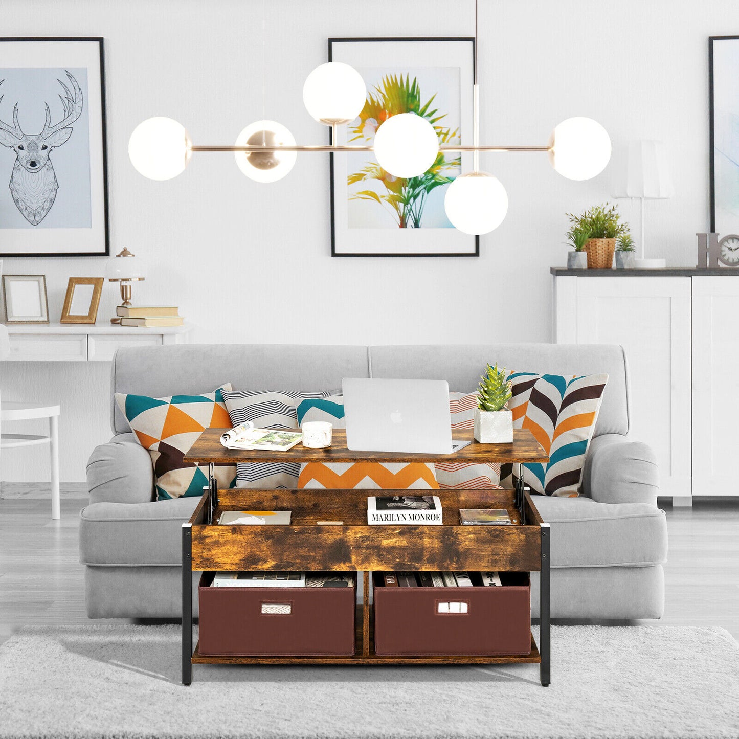 Adjustable Lift Top Coffee Table with Hidden Storage and Fabric Drawers - Rustic Brown