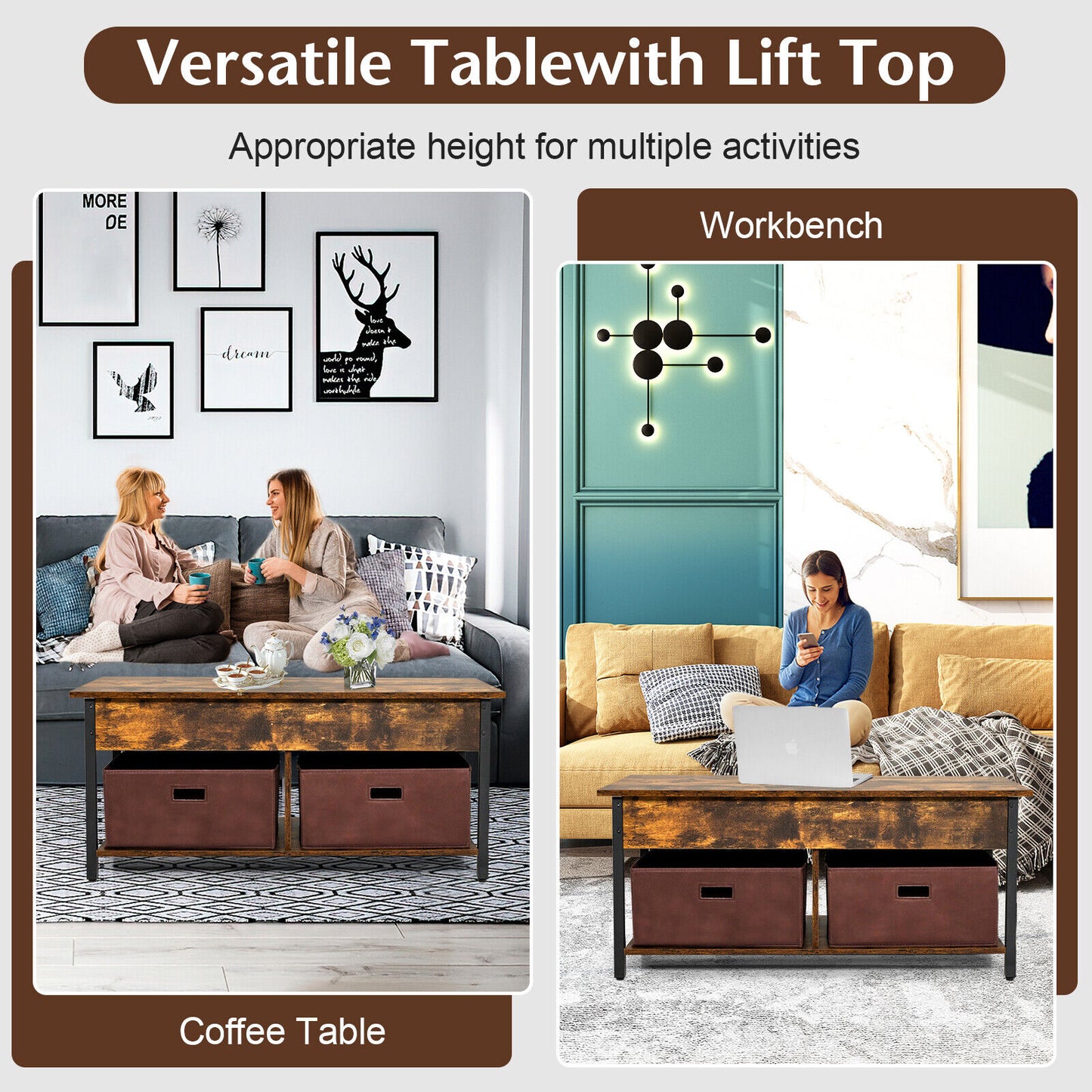 Adjustable Lift Top Coffee Table with Hidden Storage and Fabric Drawers - Rustic Brown