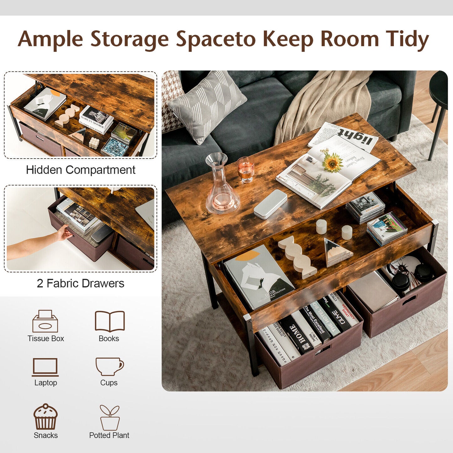 Adjustable Lift Top Coffee Table with Hidden Storage and Fabric Drawers - Rustic Brown