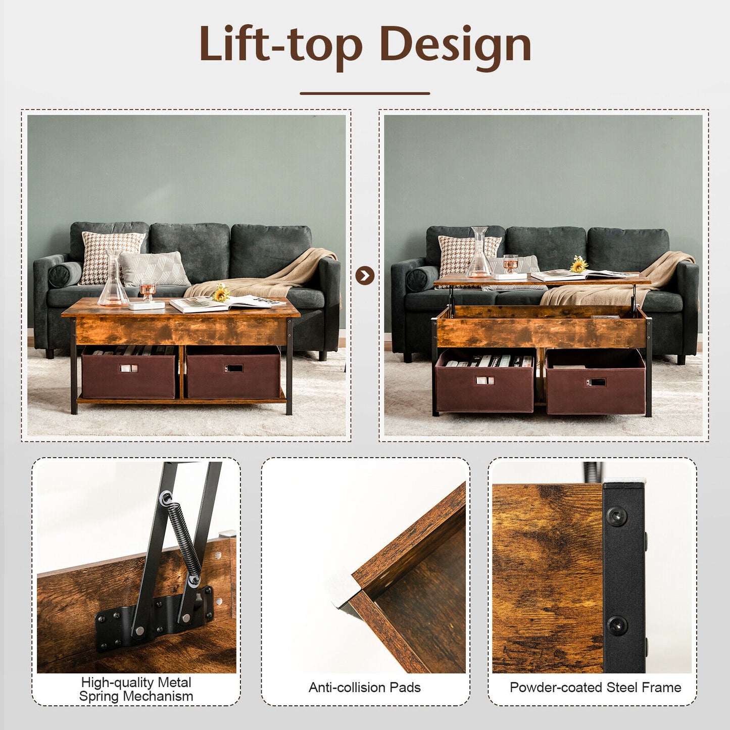 Adjustable Lift Top Coffee Table with Hidden Storage and Fabric Drawers - Rustic Brown