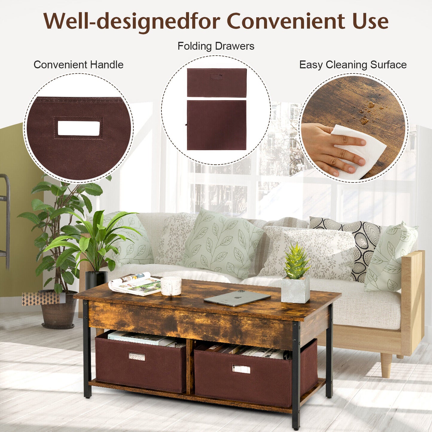 Adjustable Lift Top Coffee Table with Hidden Storage and Fabric Drawers - Rustic Brown