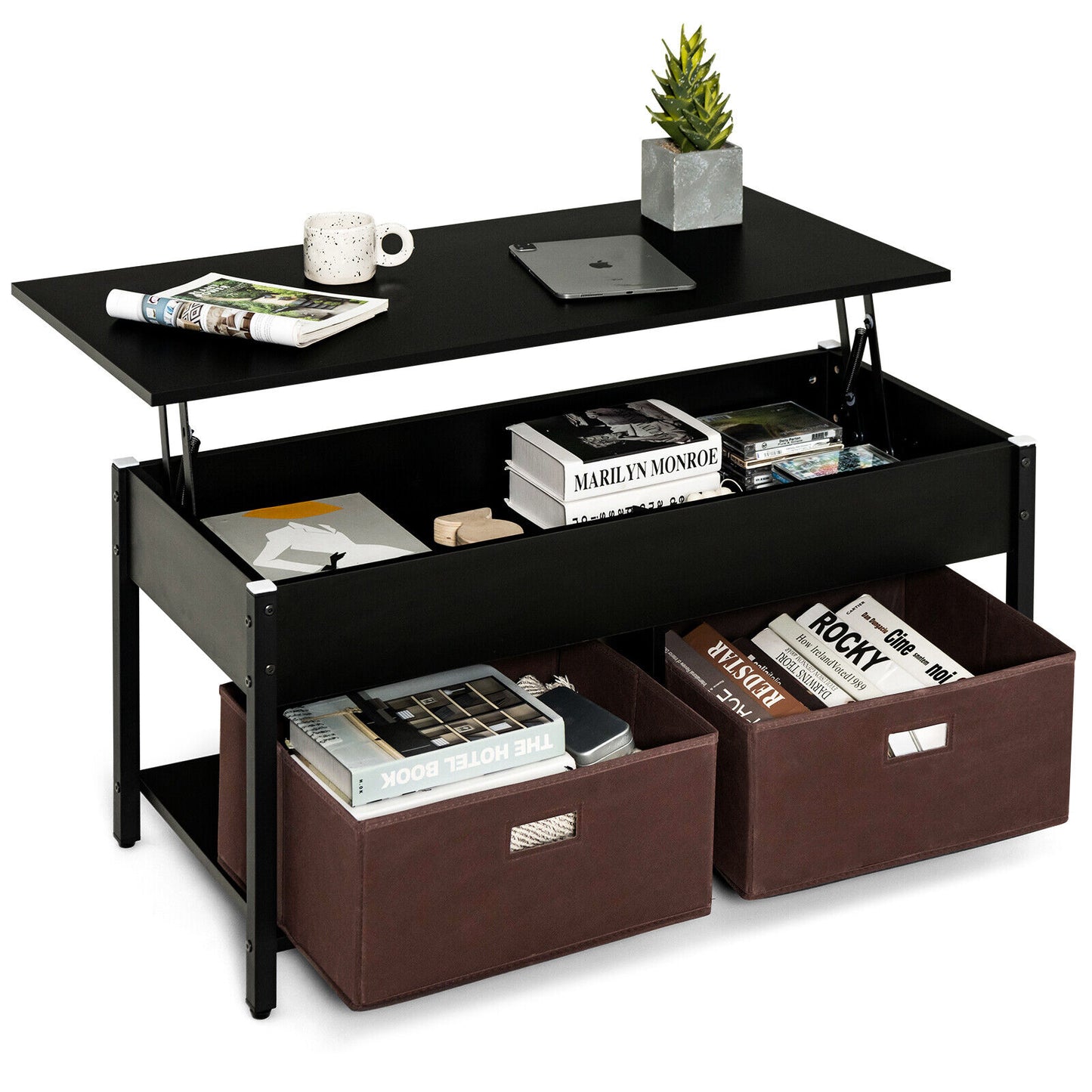 Adjustable Lift Top Coffee Table with Hidden Storage and Fabric Drawers - Black