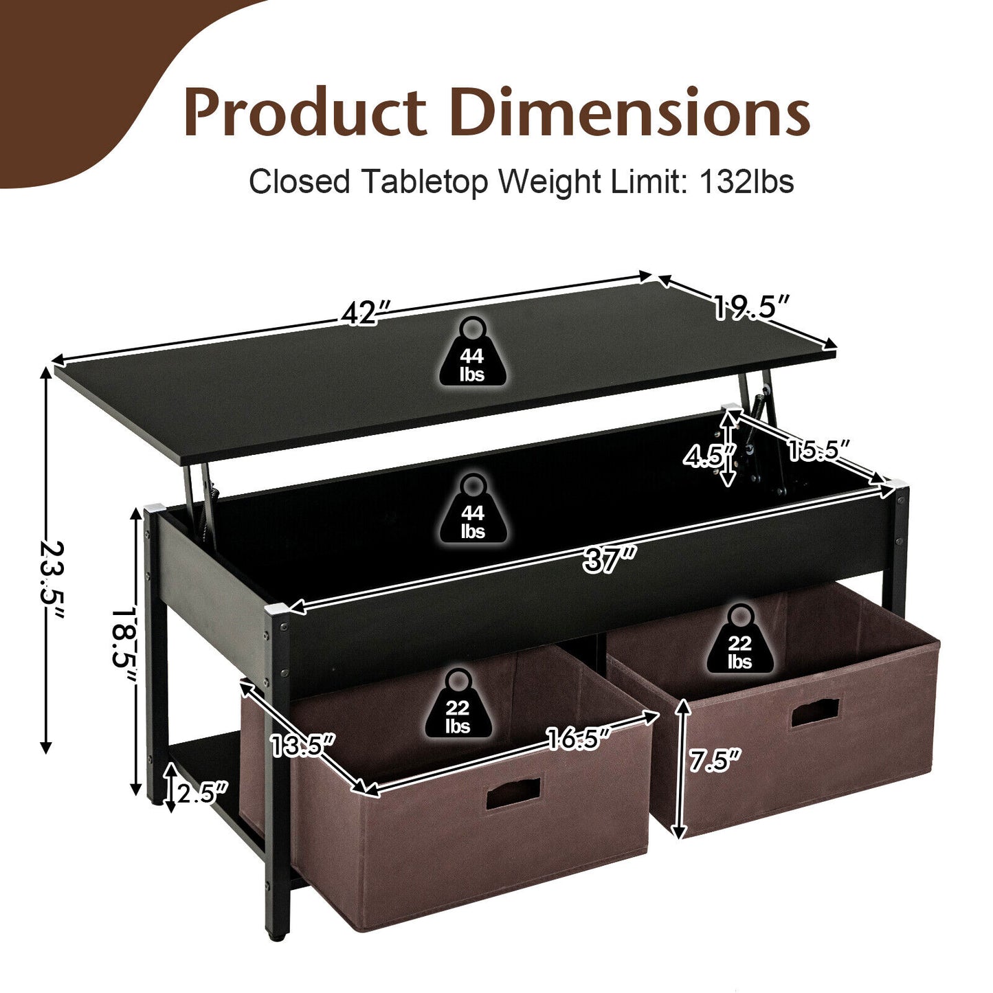 Adjustable Lift Top Coffee Table with Hidden Storage and Fabric Drawers - Black