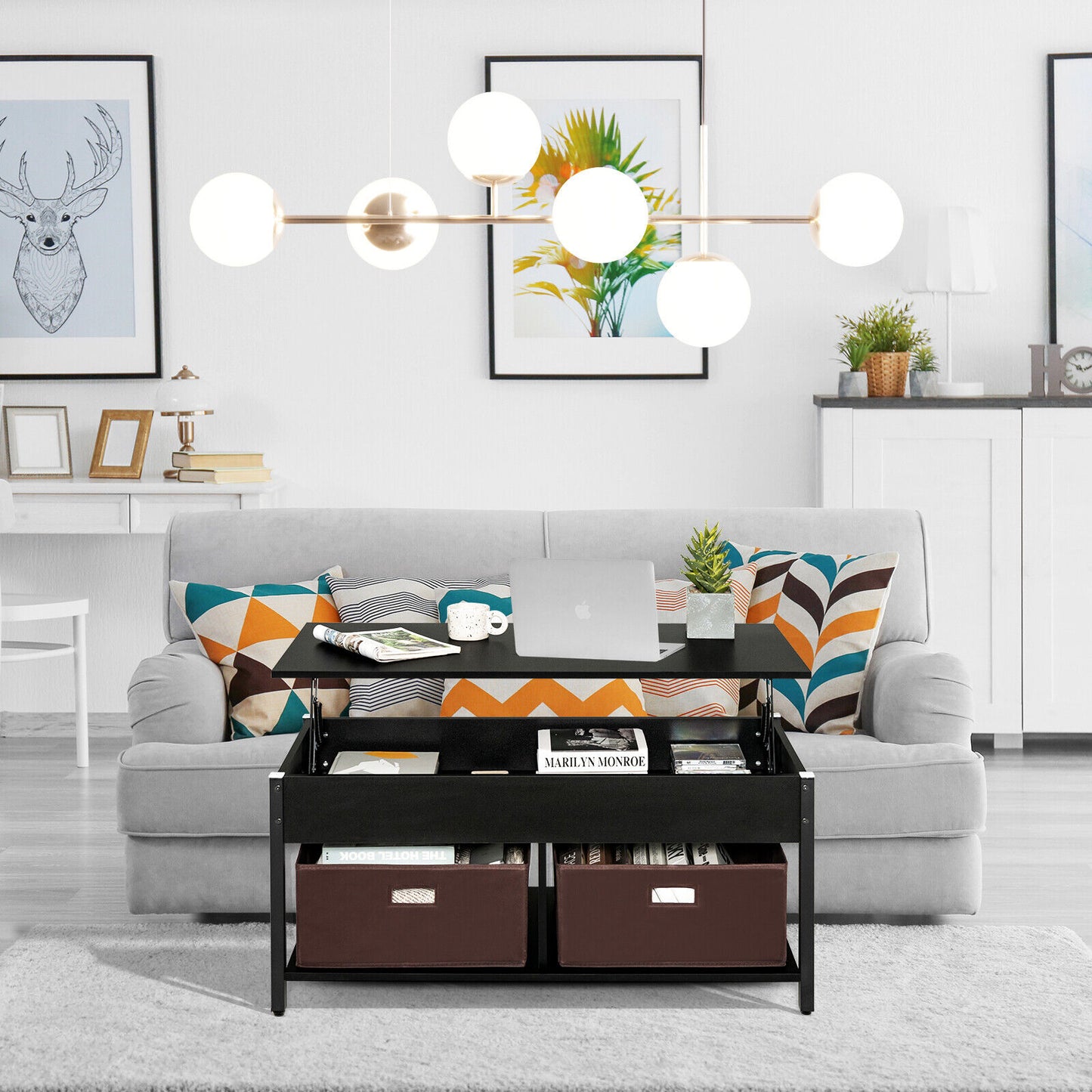 Adjustable Lift Top Coffee Table with Hidden Storage and Fabric Drawers - Black