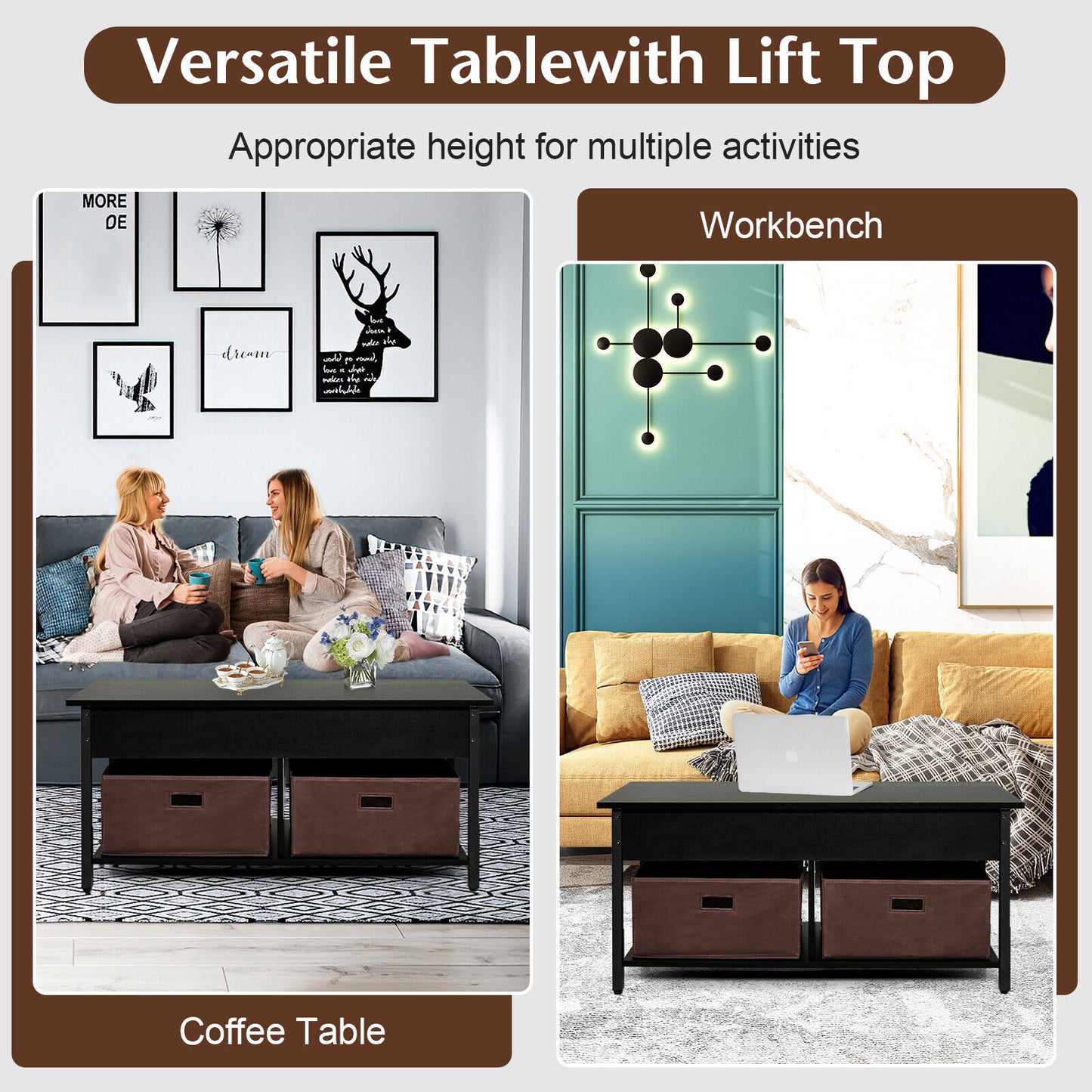 Adjustable Lift Top Coffee Table with Hidden Storage and Fabric Drawers - Black